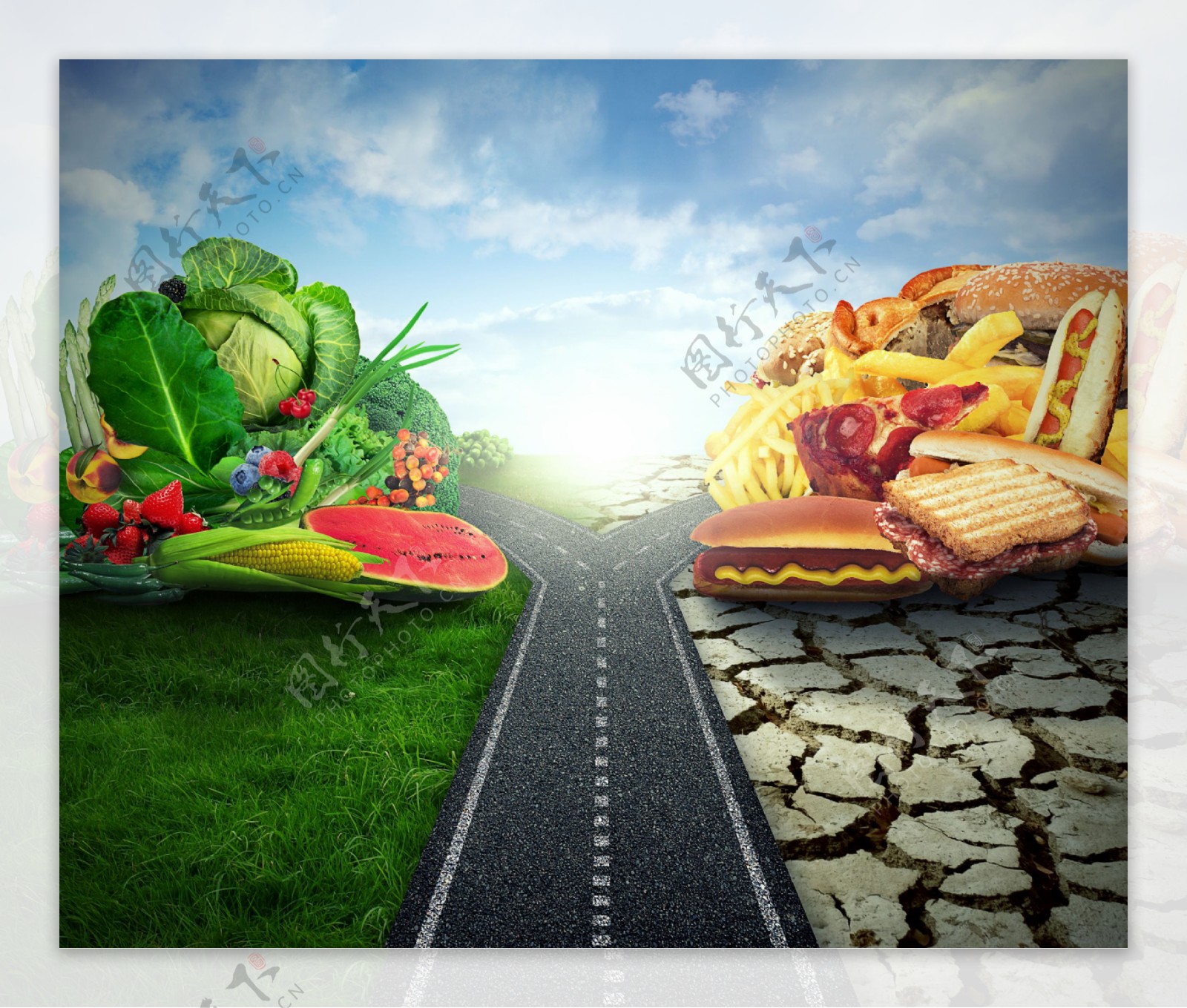 人字路口垃圾食品与水果蔬菜图片