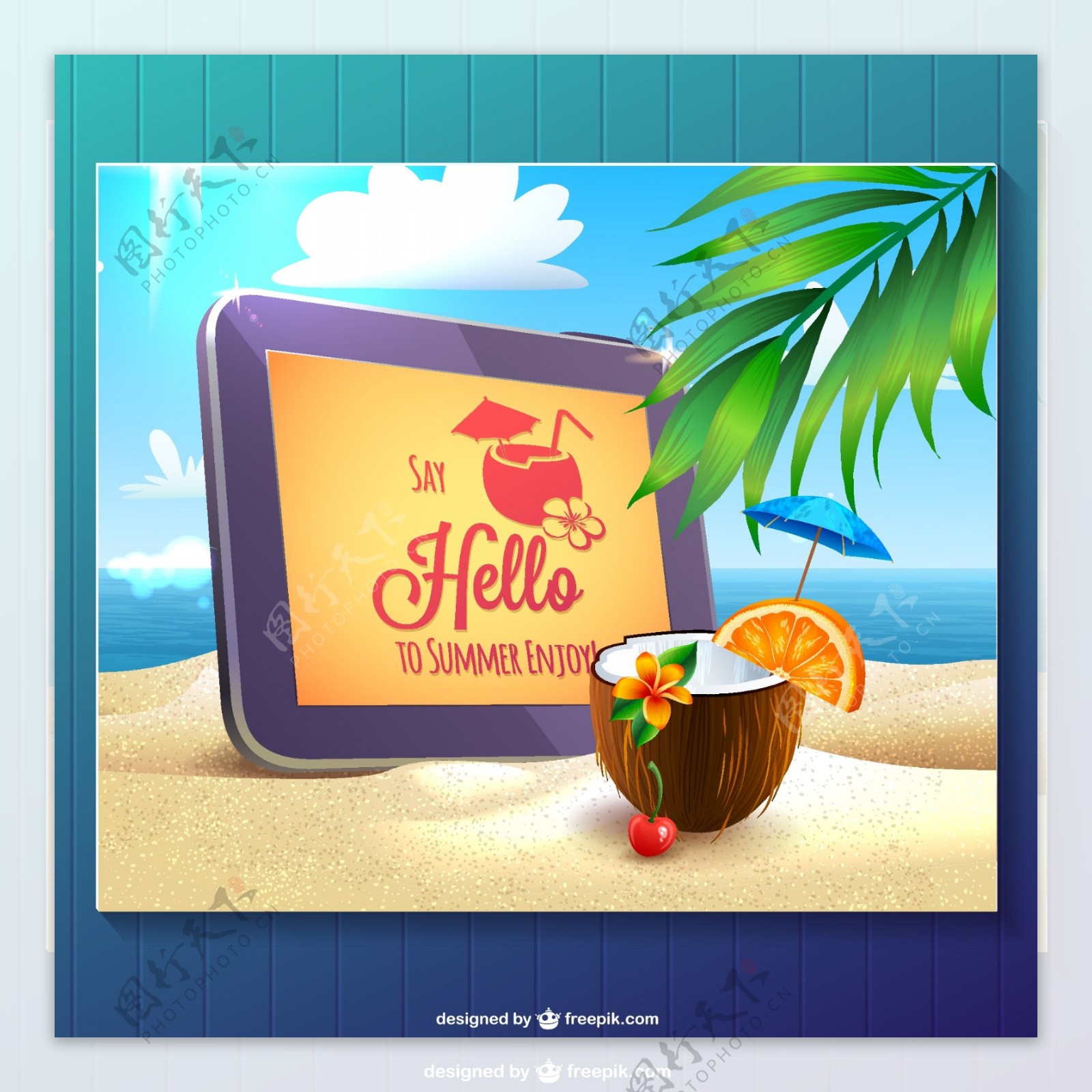 夏日卡在一个海滩和一个椰子片