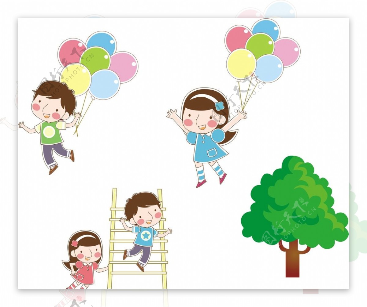 卡通儿童气球树木