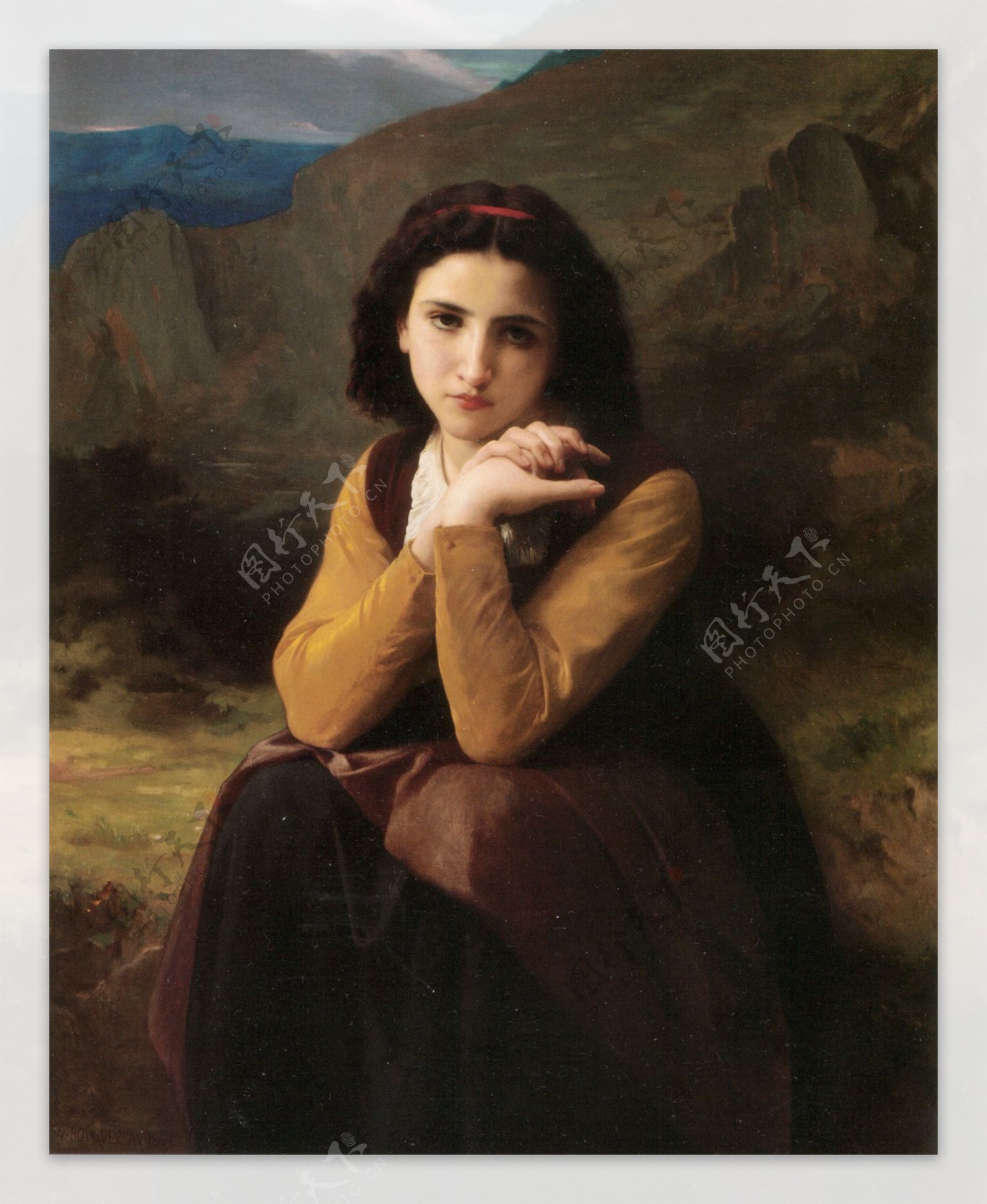 坐着歪头看的西方美女油画图片
