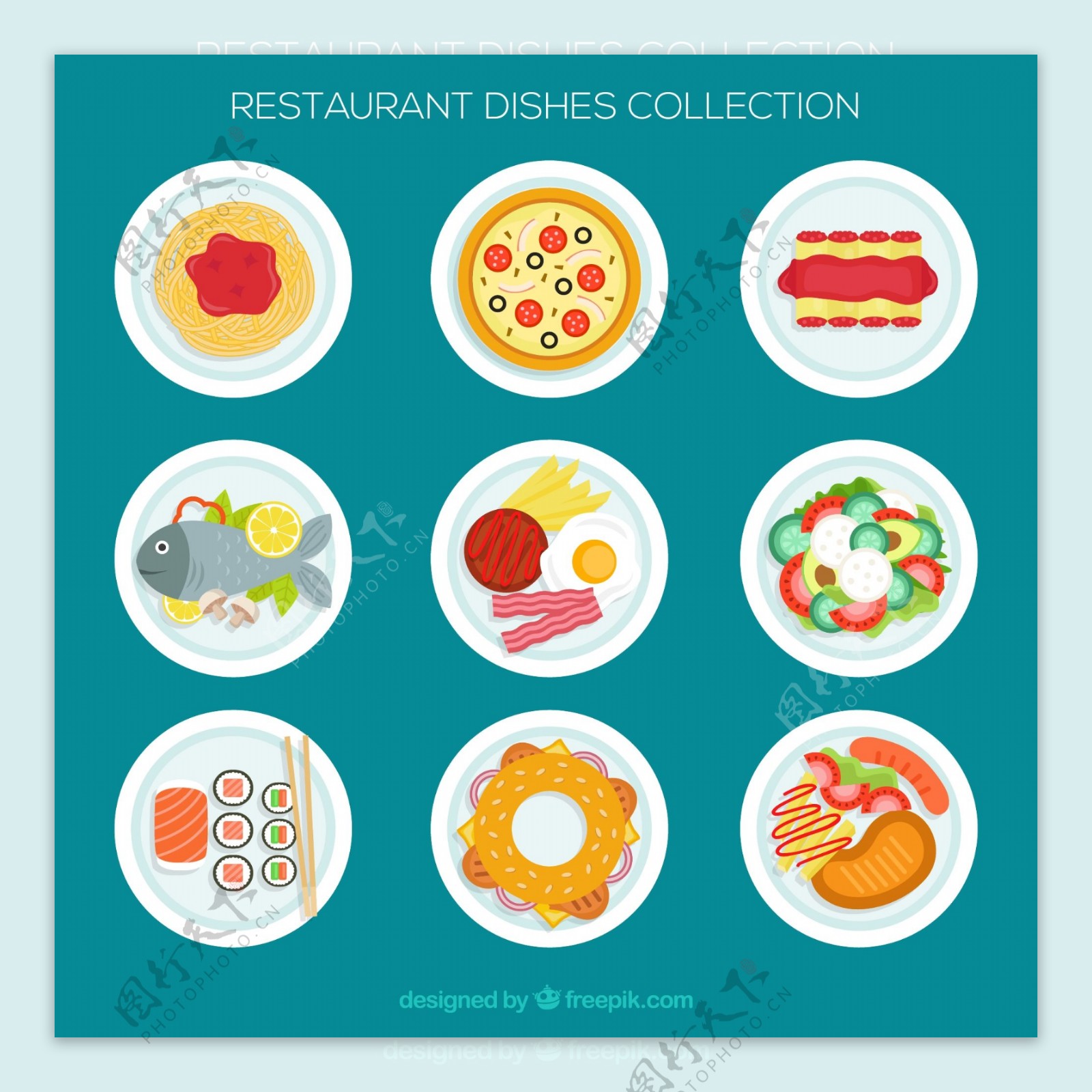 9款美味餐馆食物俯视图矢量素材