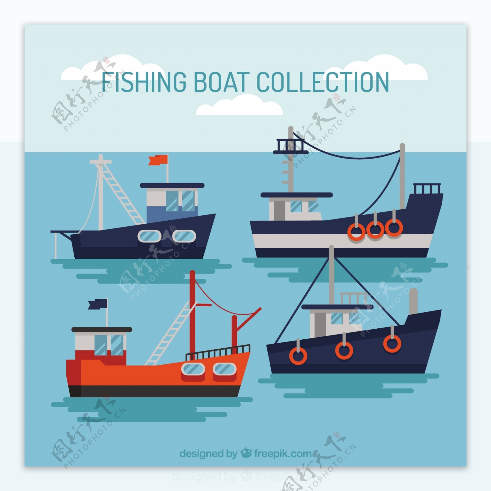 手绘渔船帆船平面设计插图