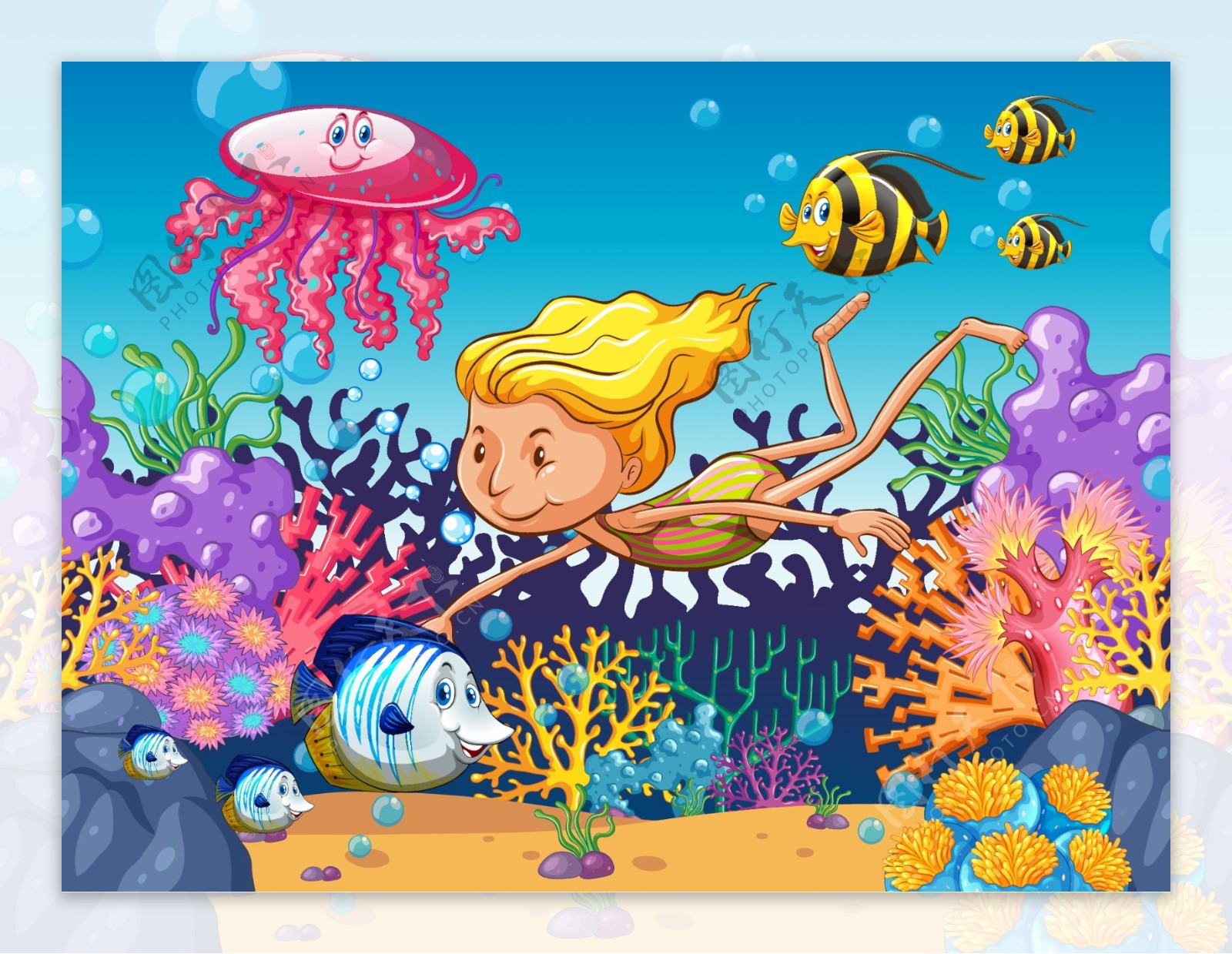 女孩游泳海洋动物水下插画