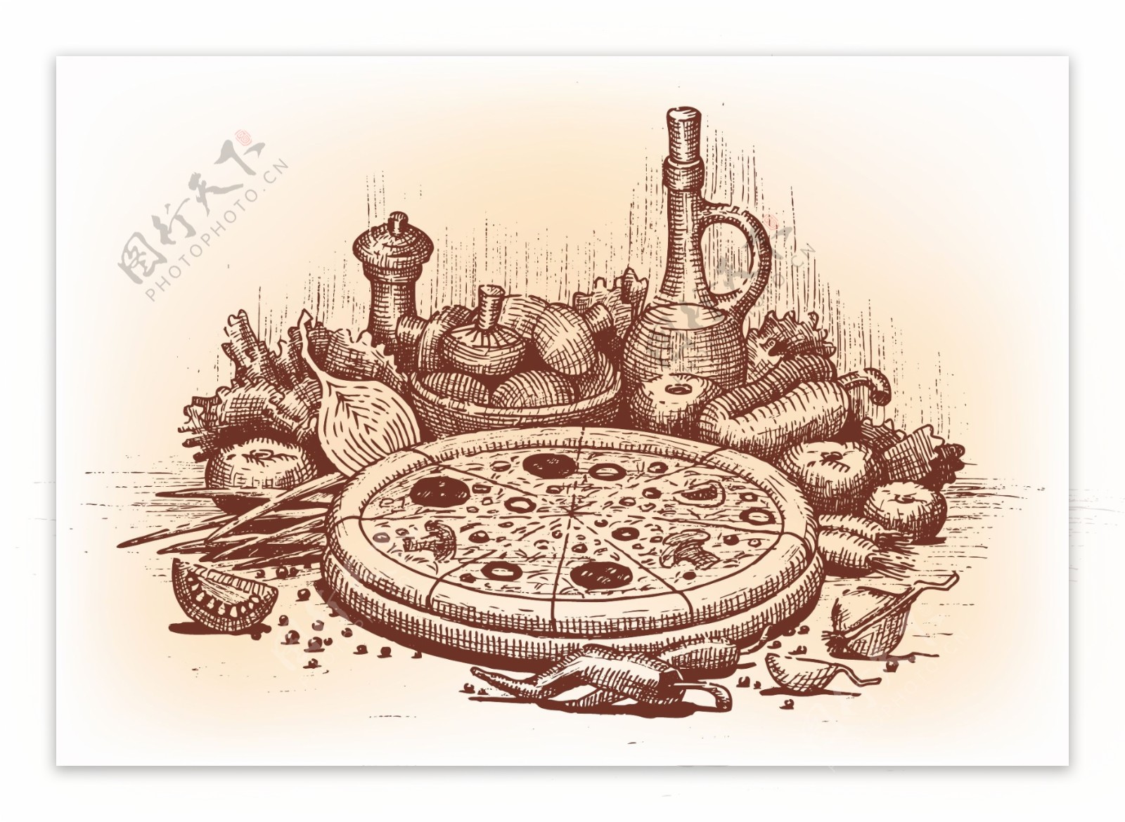 手绘披萨和食材酒瓶