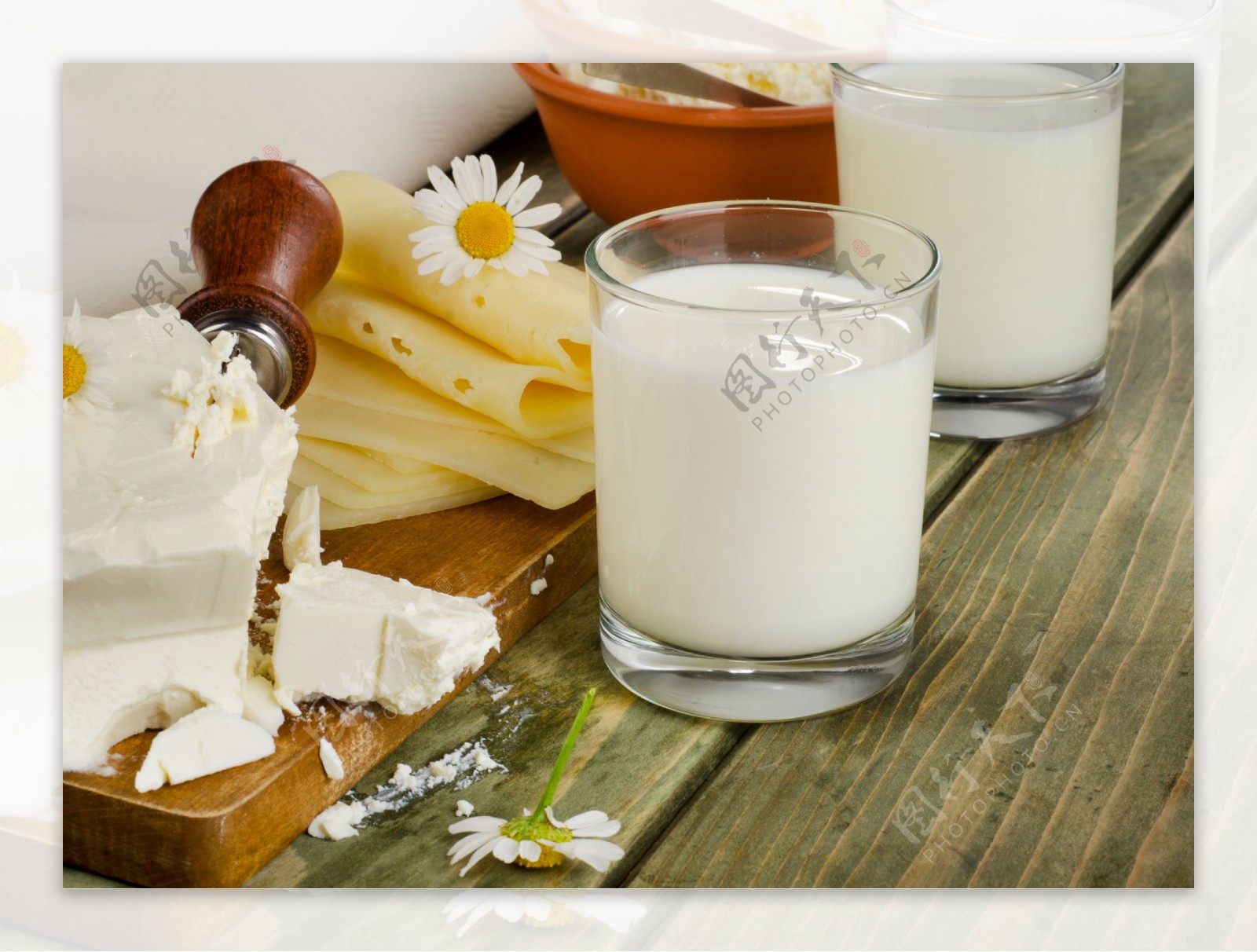 木板上的牛奶与奶酪图片