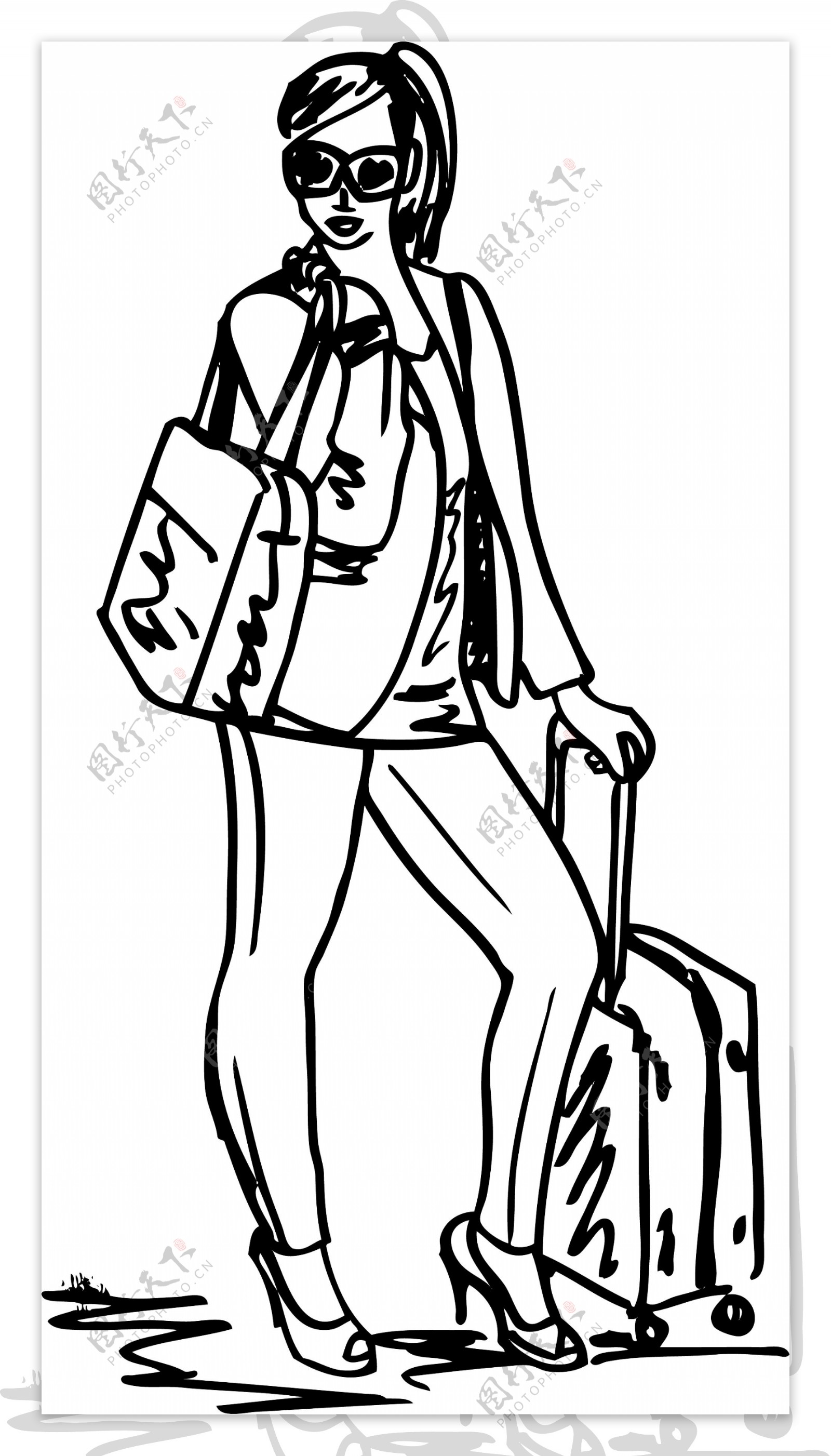 一个美丽的旅行袋插画矢量的年轻女子的素描
