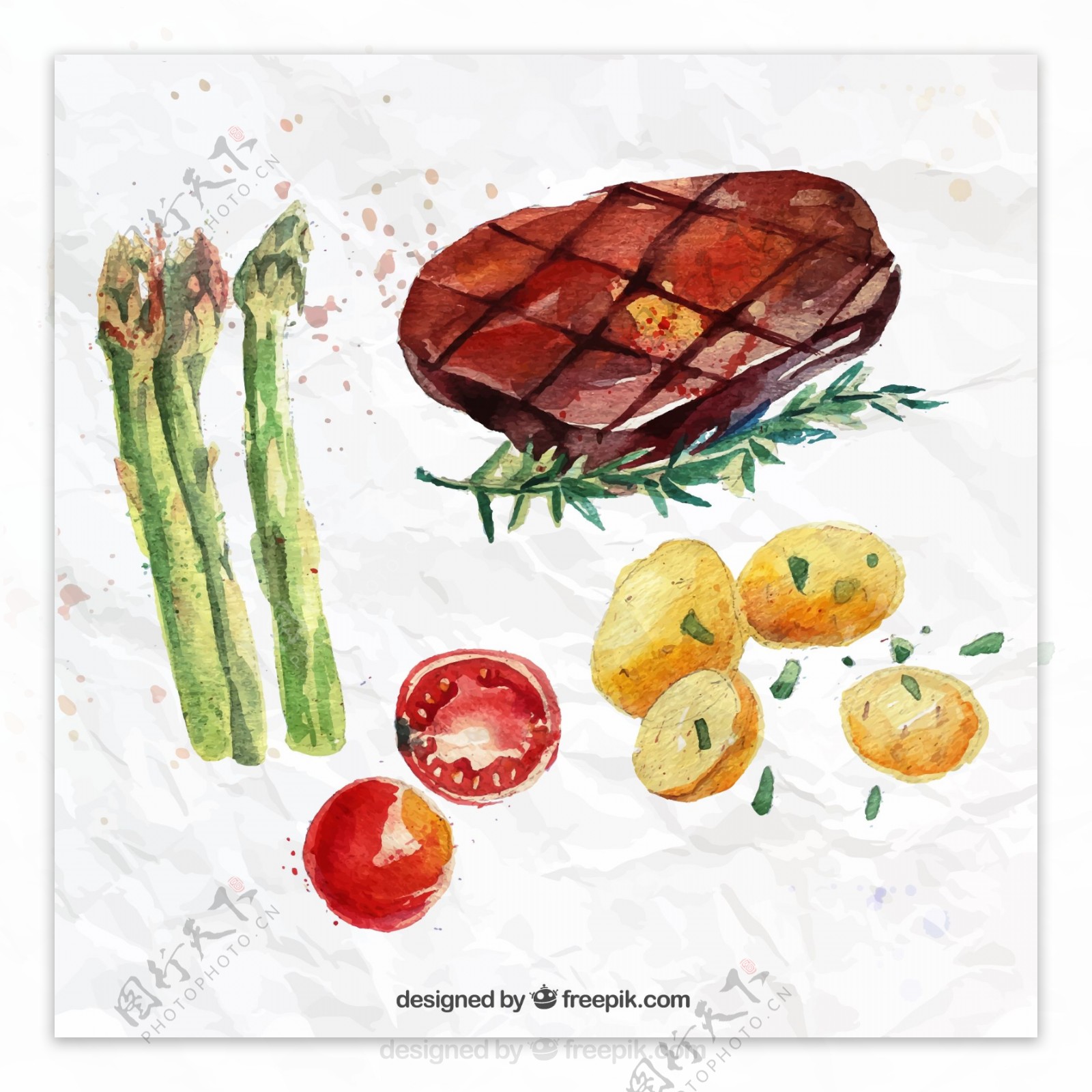 美味煎牛排水彩画矢量素材图片