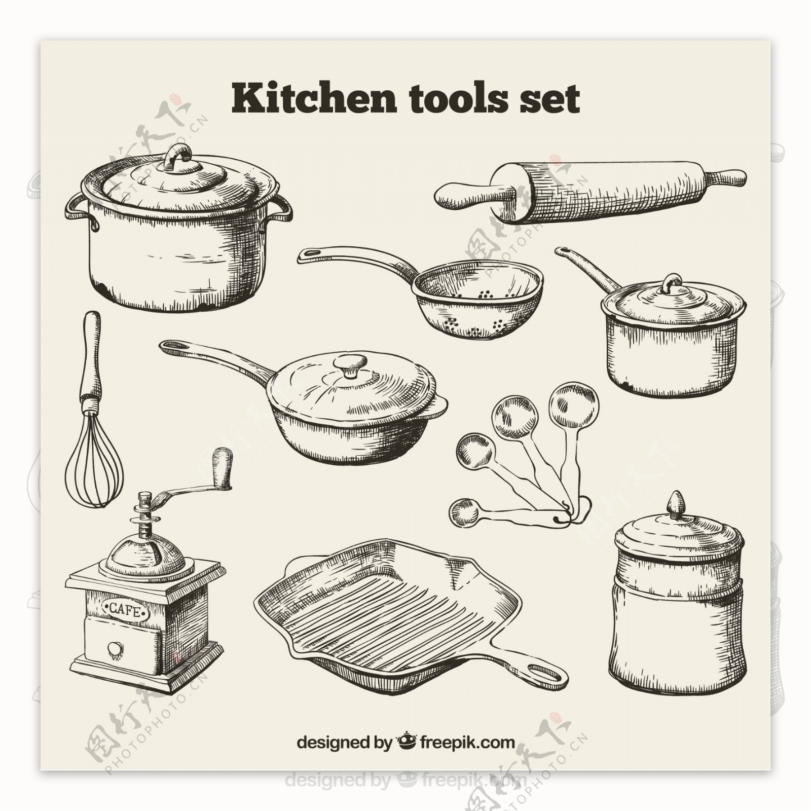 手绘厨房工具集