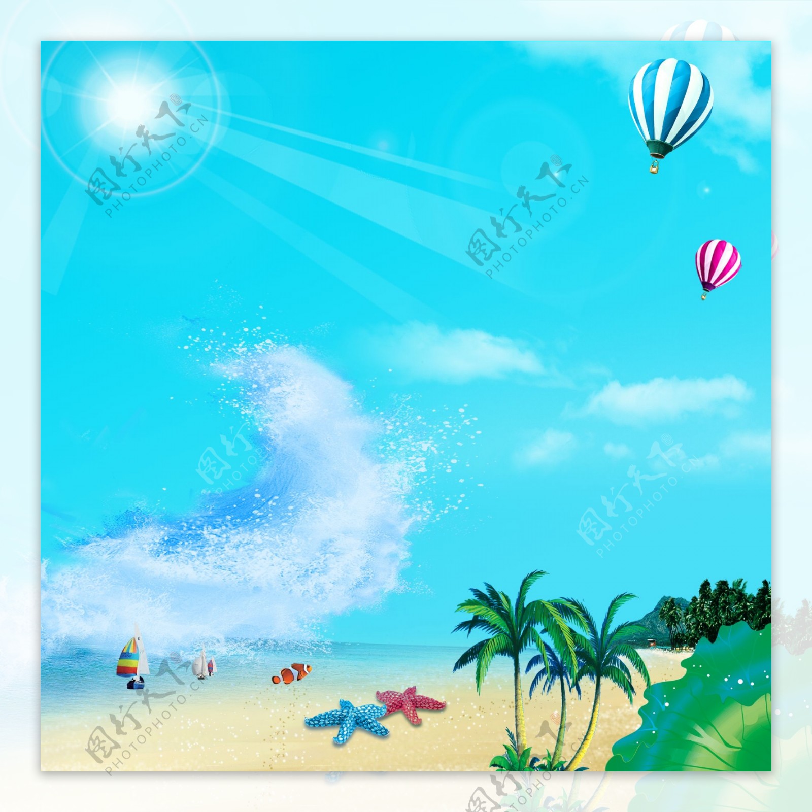 沙滩海浪蓝天白云热气球素材