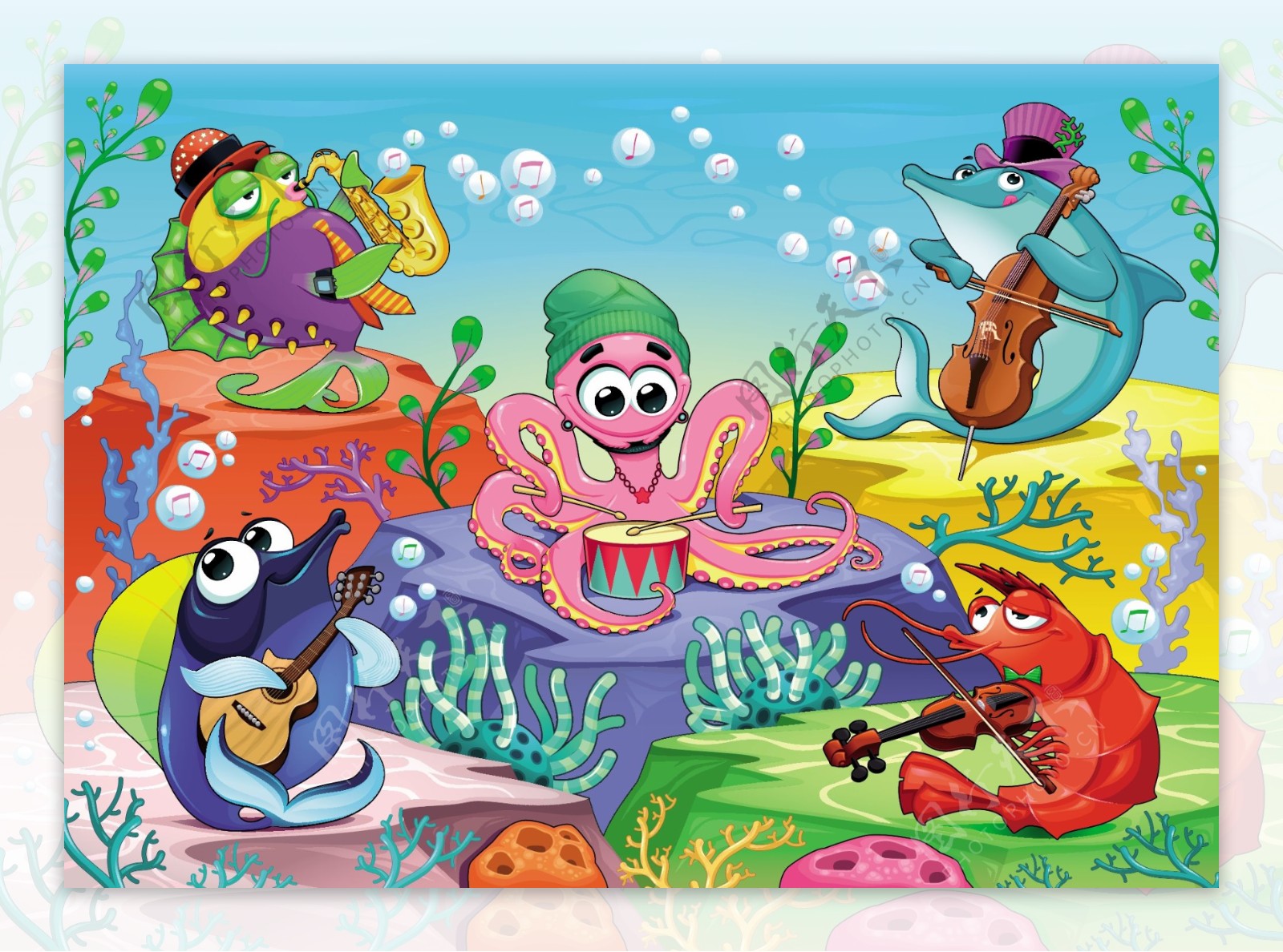 有趣的海底动物乐团矢量素材