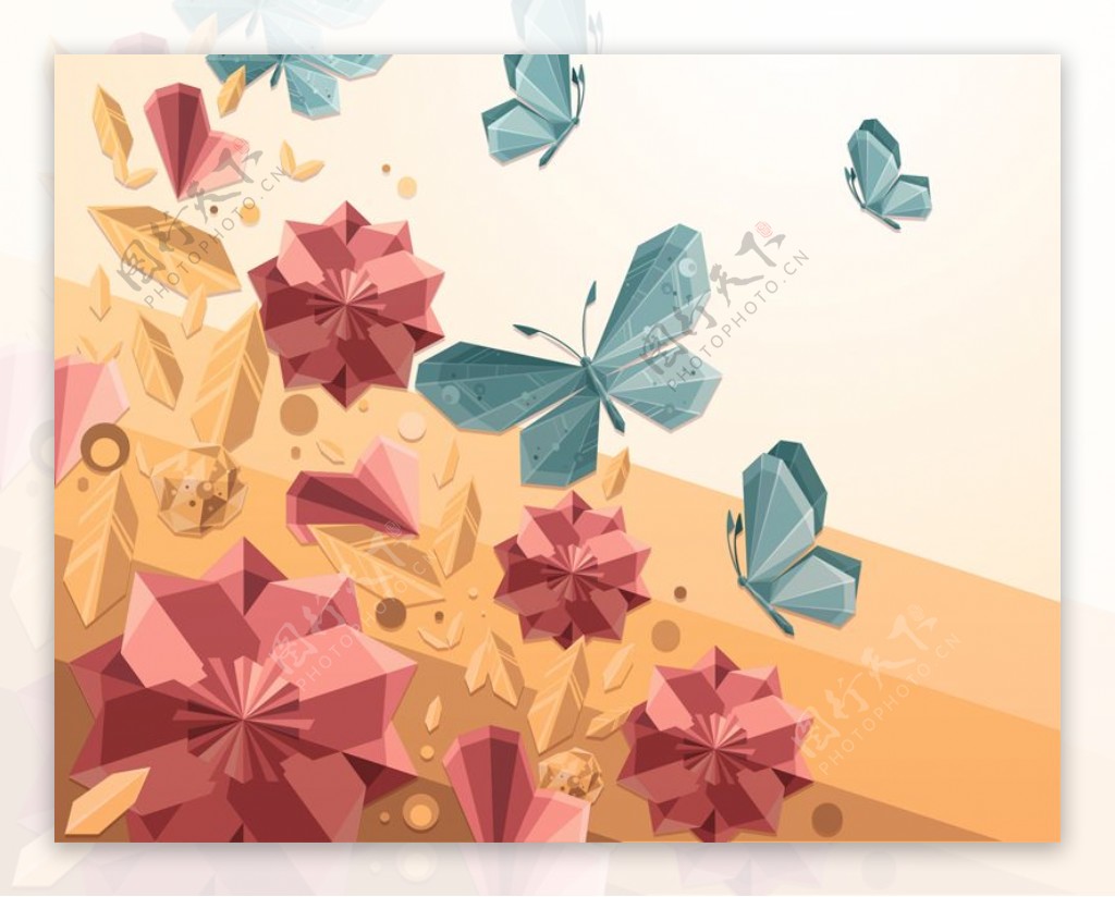 水晶蝴蝶和花丛矢量图片AI