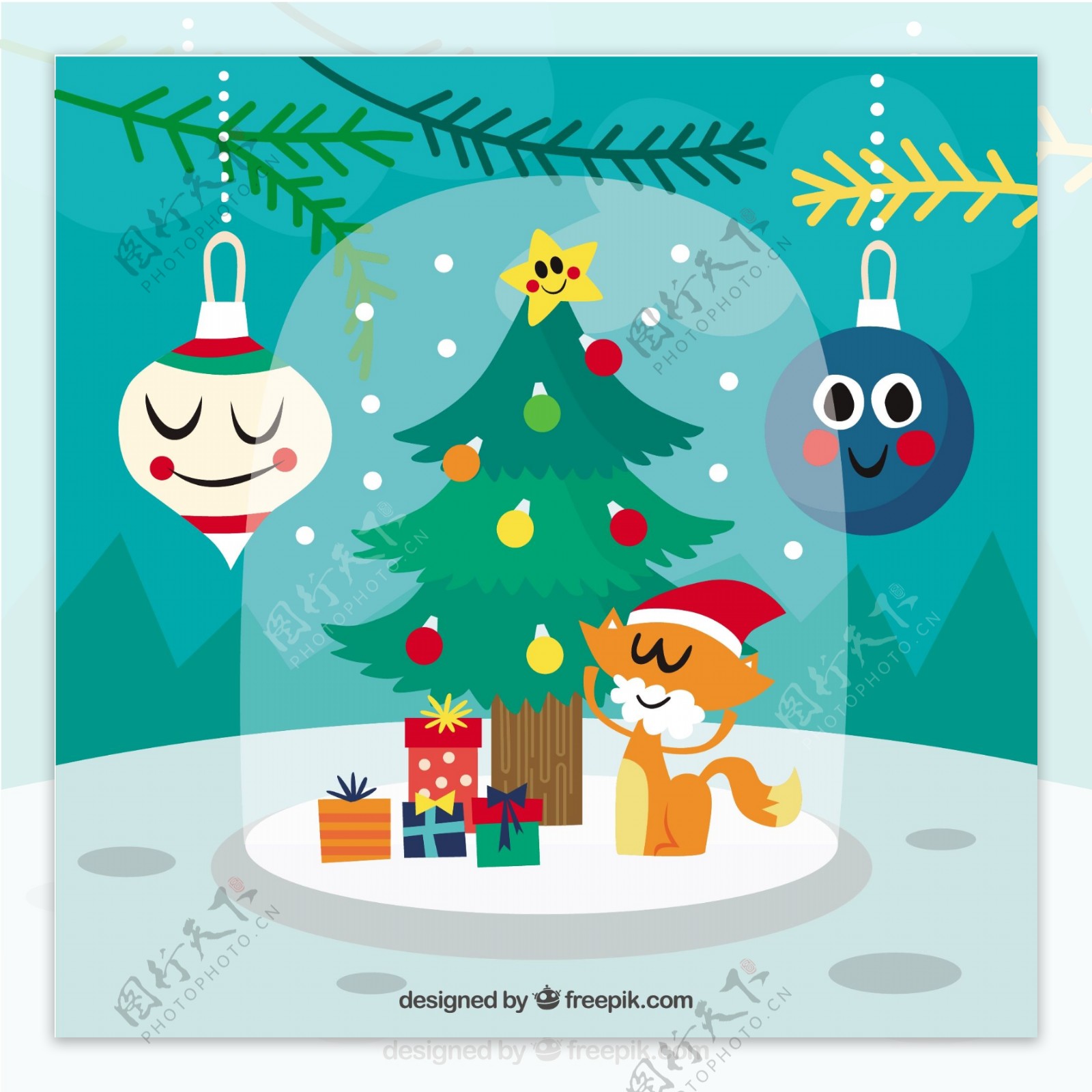 圣诞装饰背景与小猫戴着圣诞老人克劳斯配件