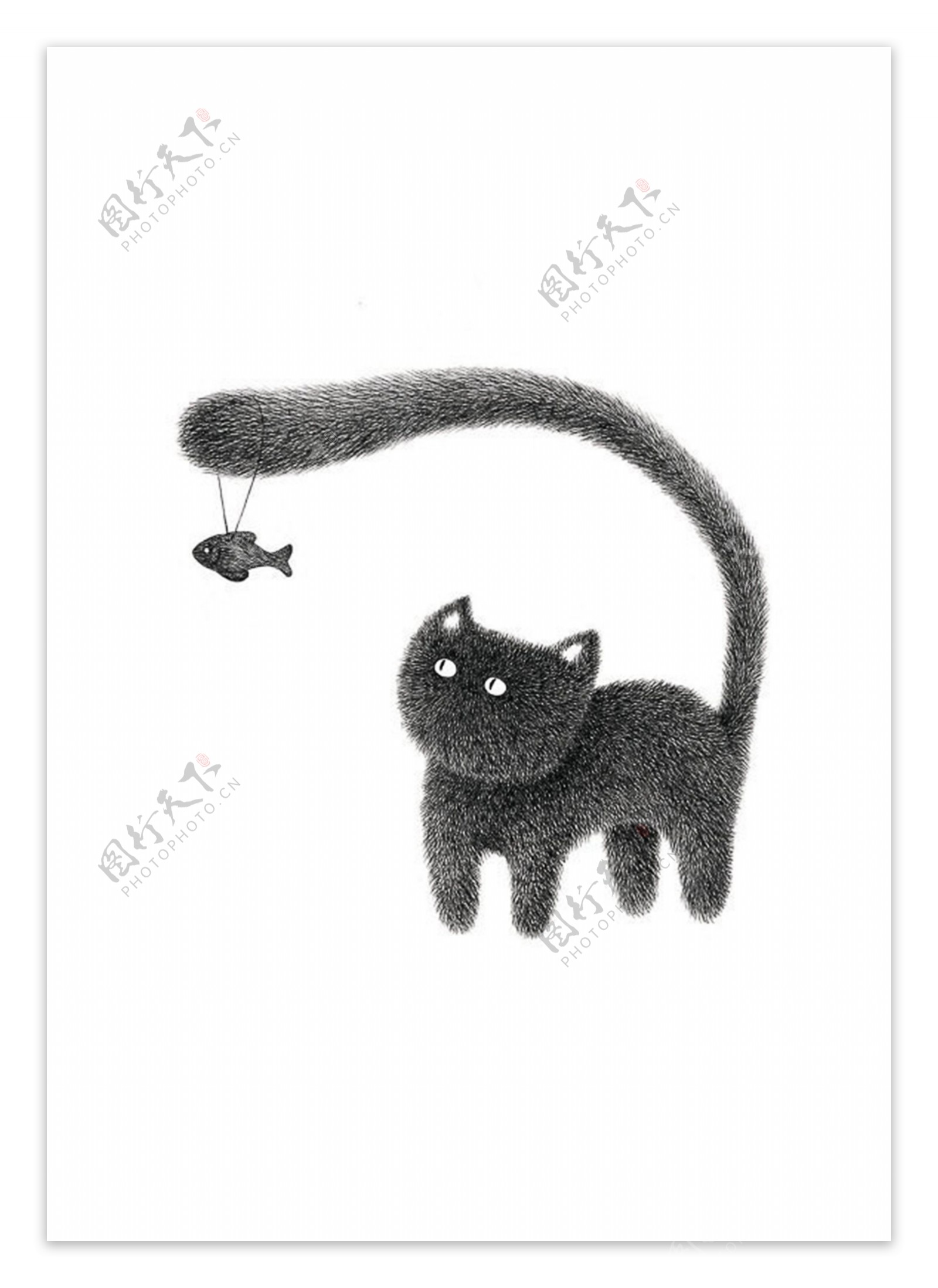 黑白猫鱼趣味插画装饰图案创意设计元素素材