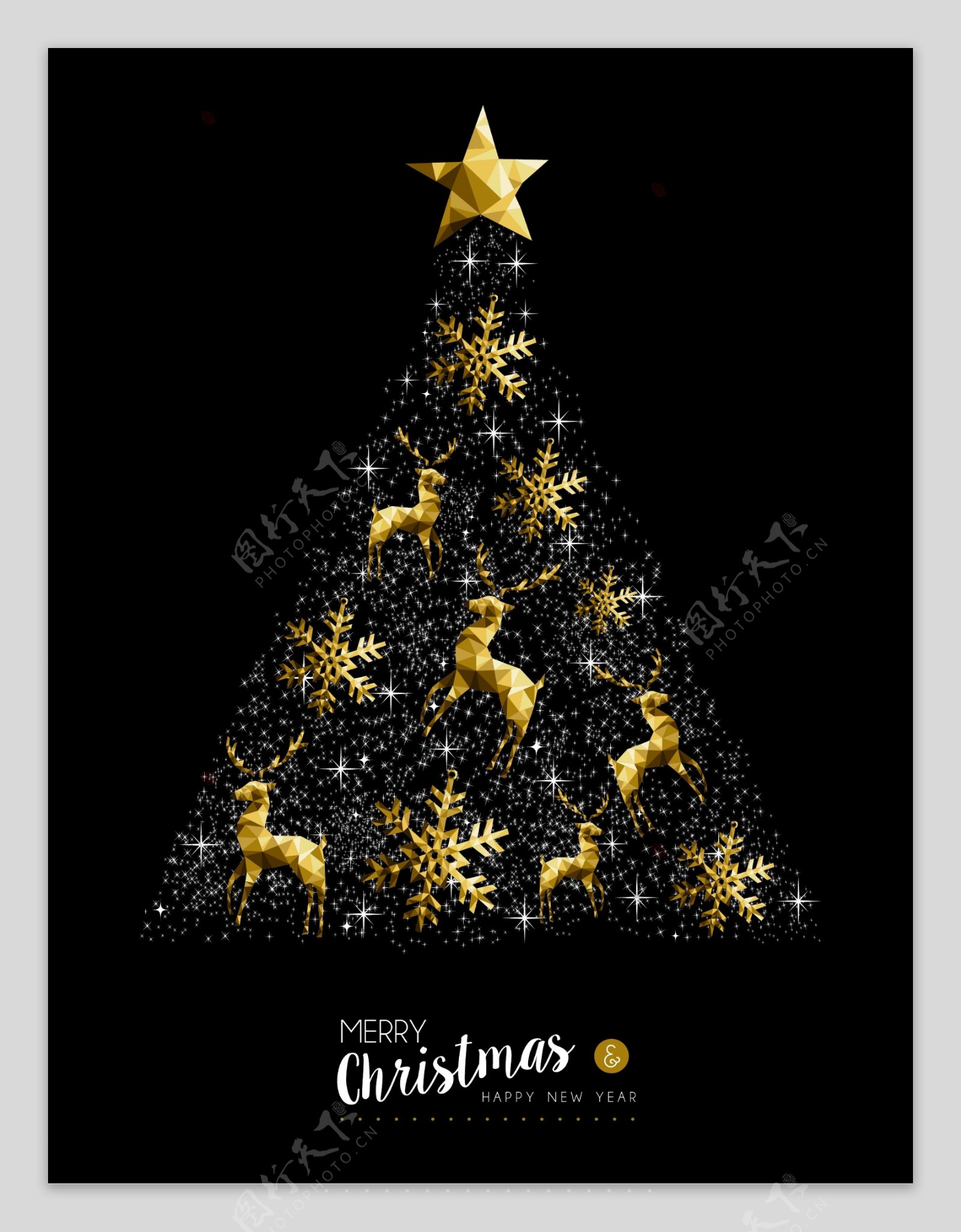 圣诞树金色新年装饰雪花铃铛矢量素材