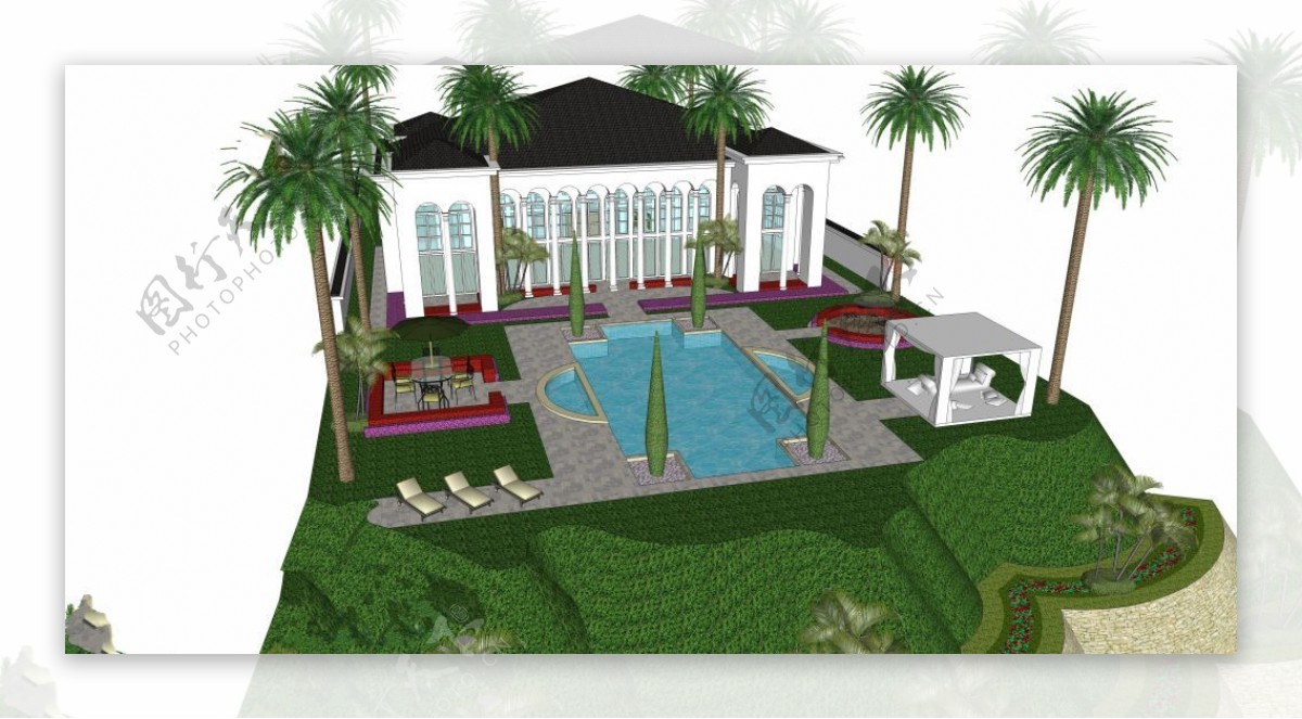 现代别墅泳池效果图