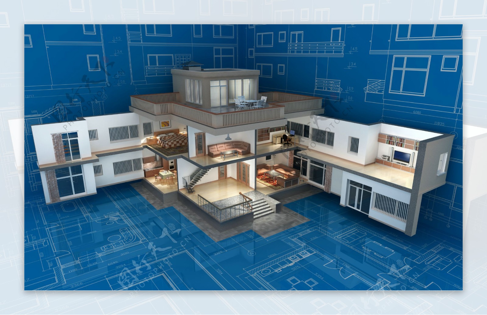 3D房屋模型与图纸背景
