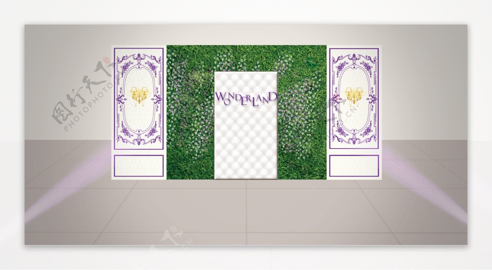 紫色森系叶墙软包婚礼展示迎宾效果图