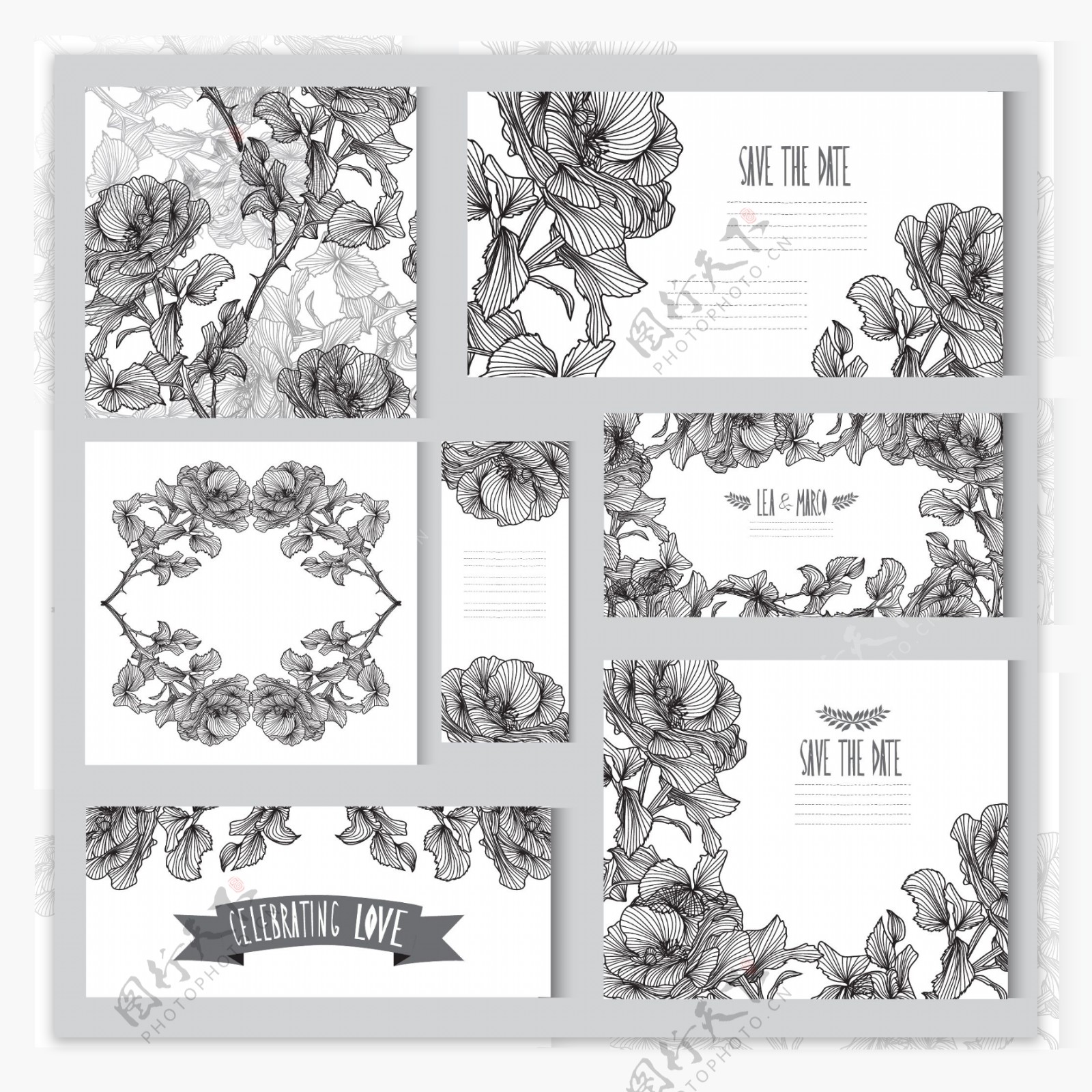 黑白美丽花朵婚礼卡片模板下载
