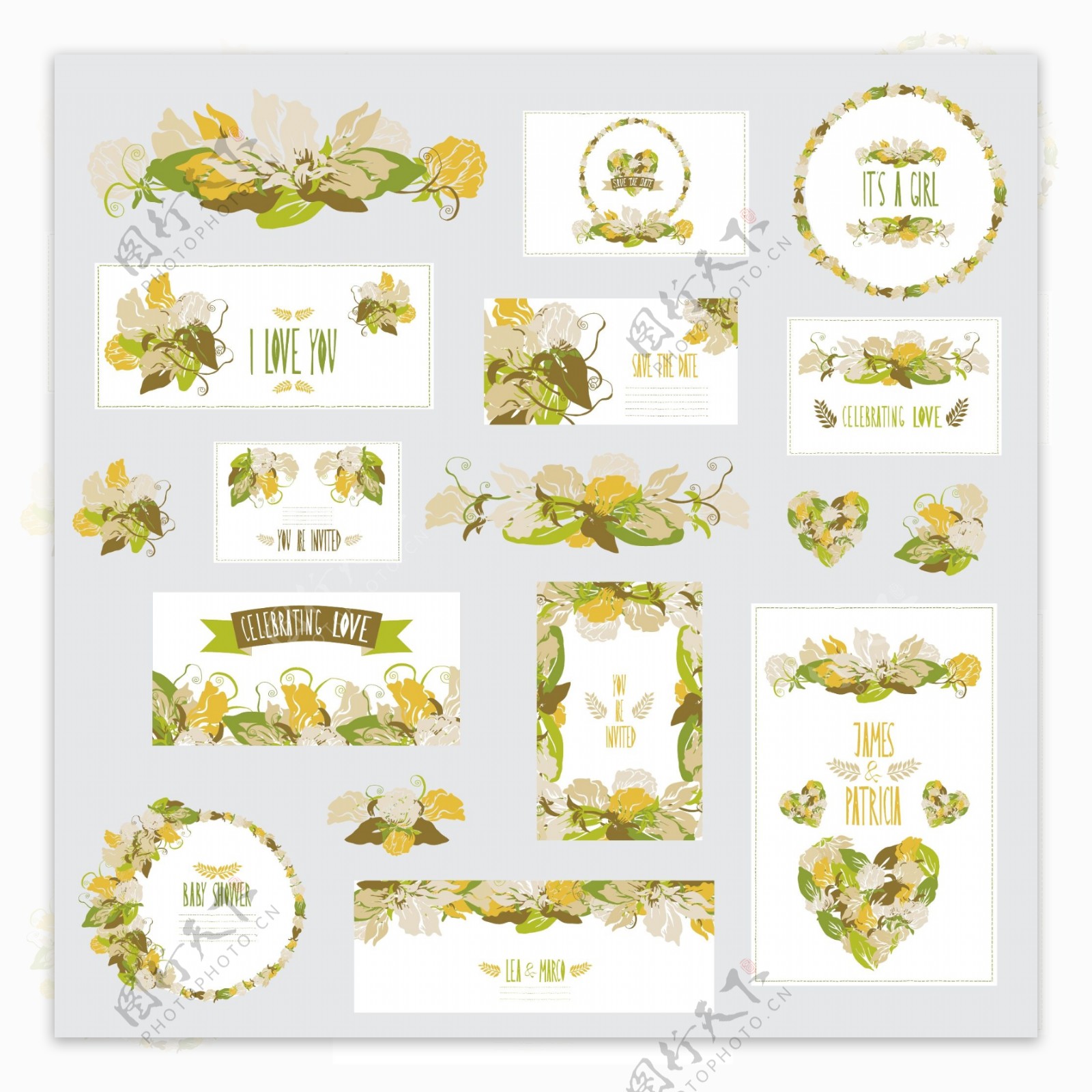 清新绿色花朵婚礼卡片模板下载