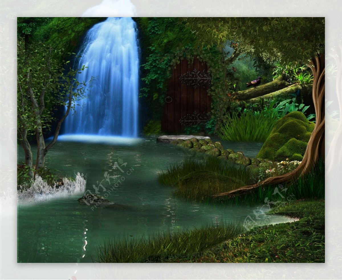 瀑布湖水树林背景图片