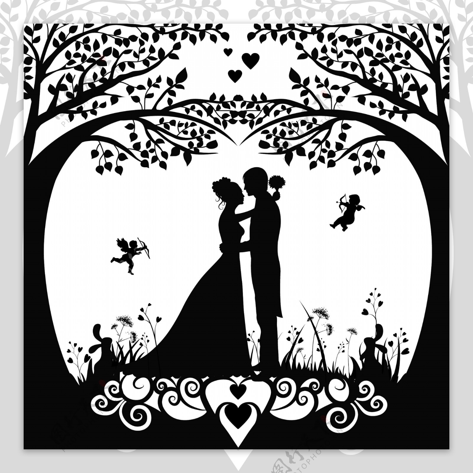 婚礼背景模板与剪影风格设计自由向量