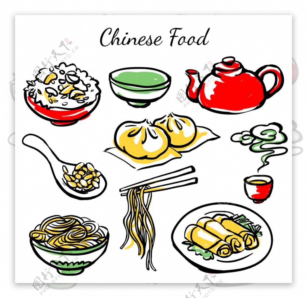 9款彩绘中国食物矢量素材