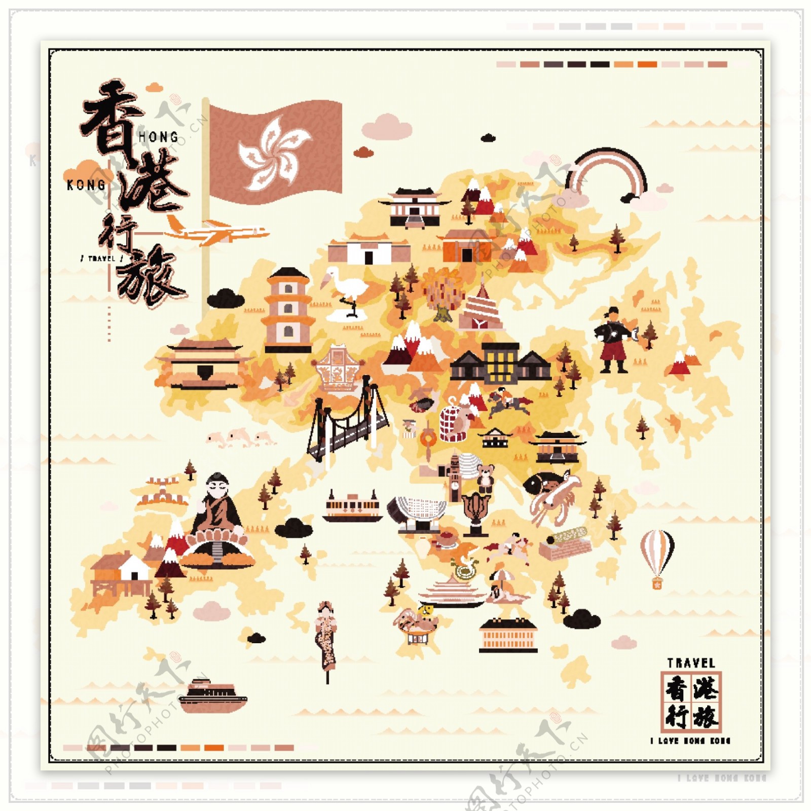 香港手绘旅行扁平风格地图