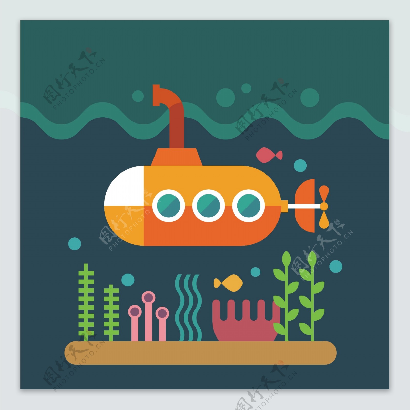 卡通潜水艇图标EPS
