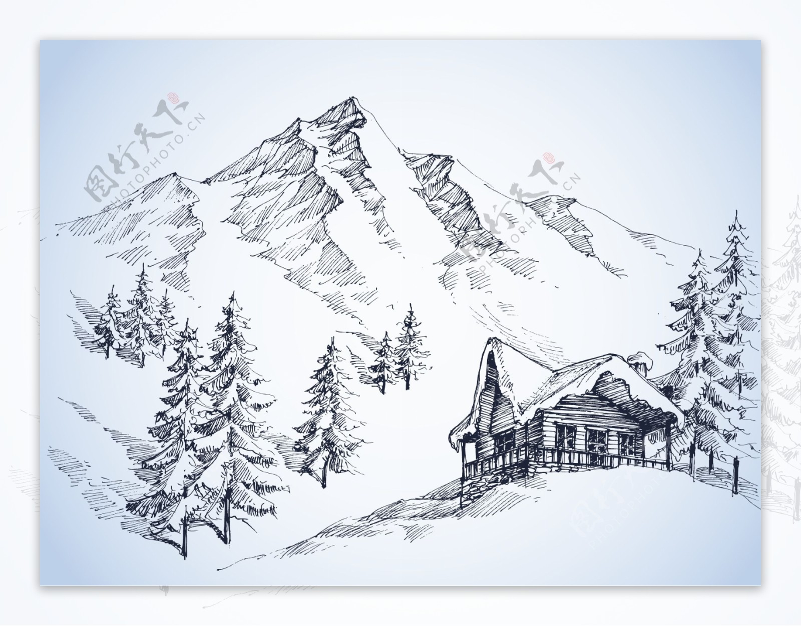 手绘素描山上的小屋场景矢量素材下载