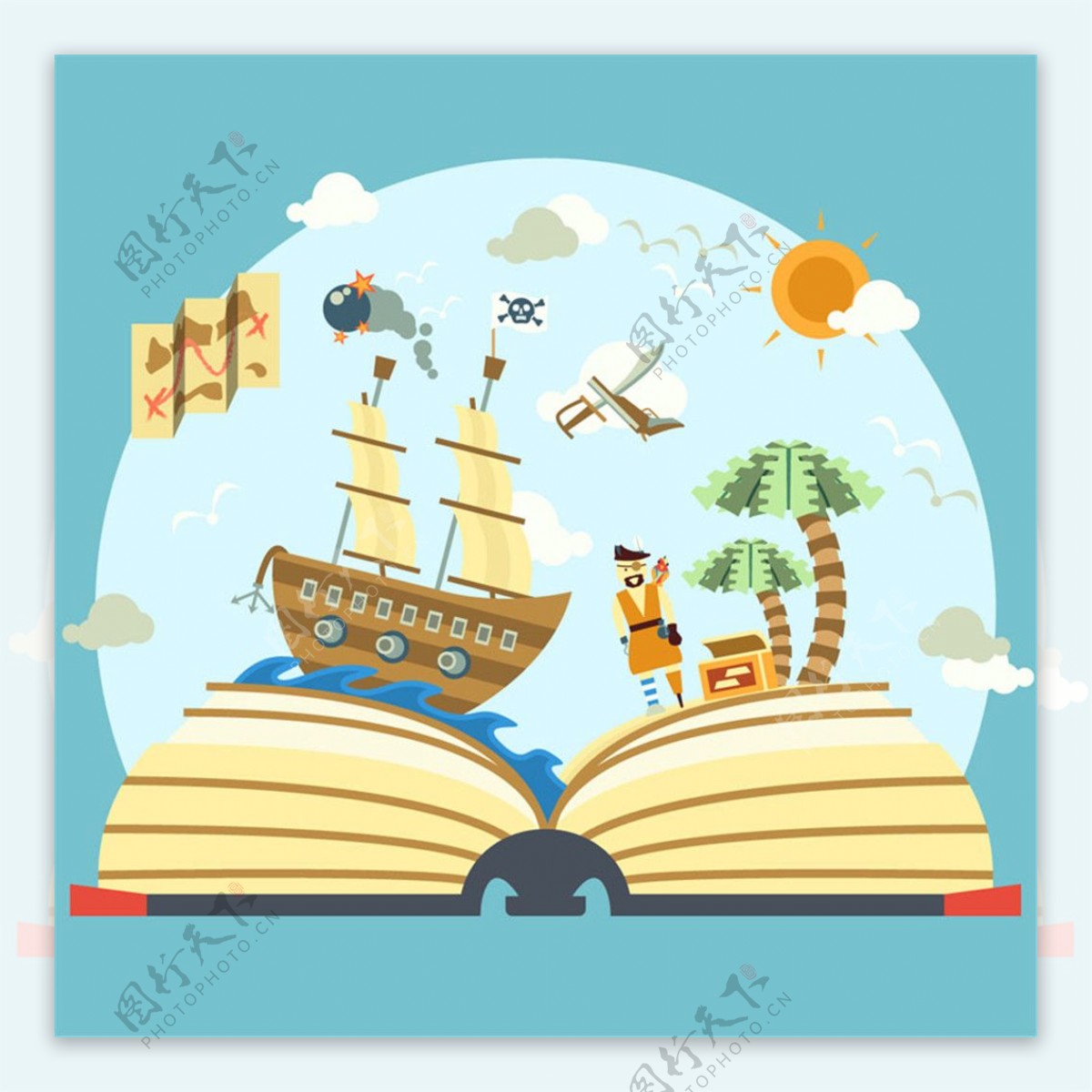 书中的海盗世界立体书插画矢量素材