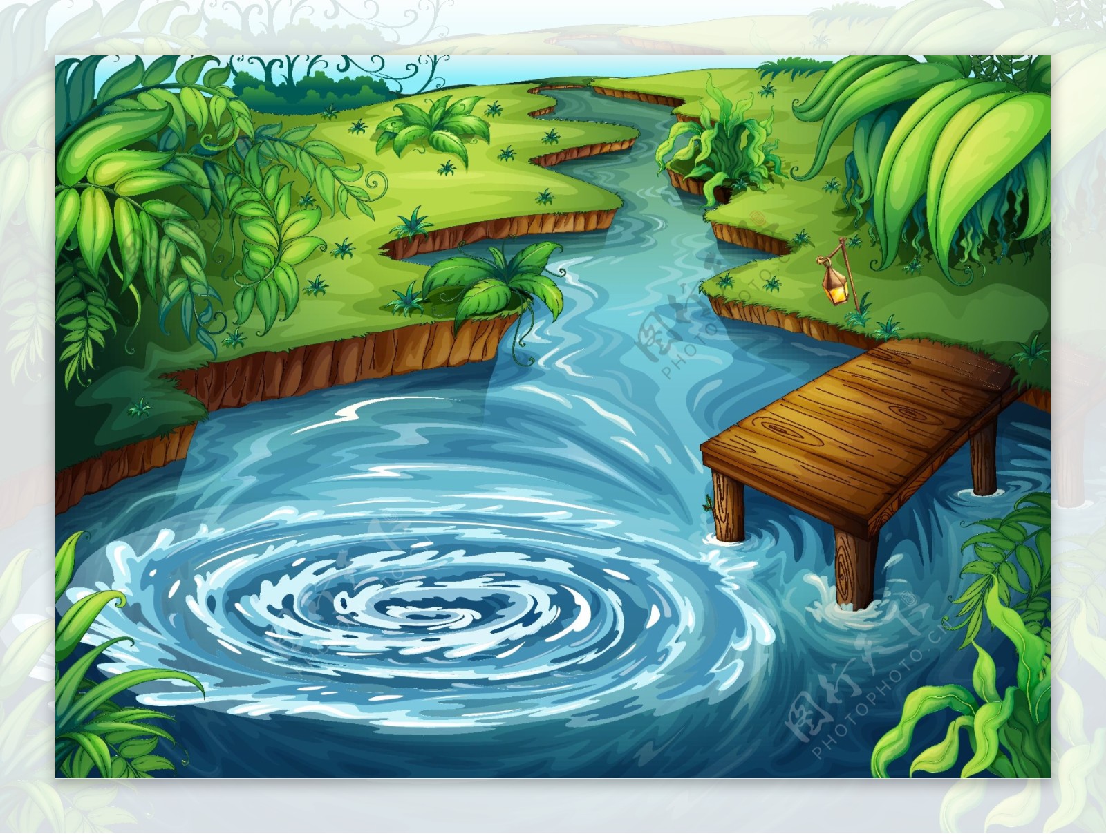 池塘木桥风景图片