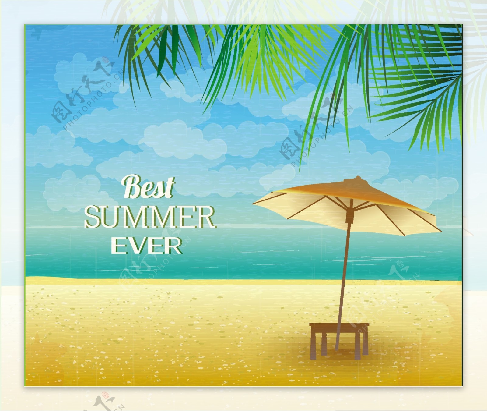 用海砂的棕榈树伞夏天矢量插画