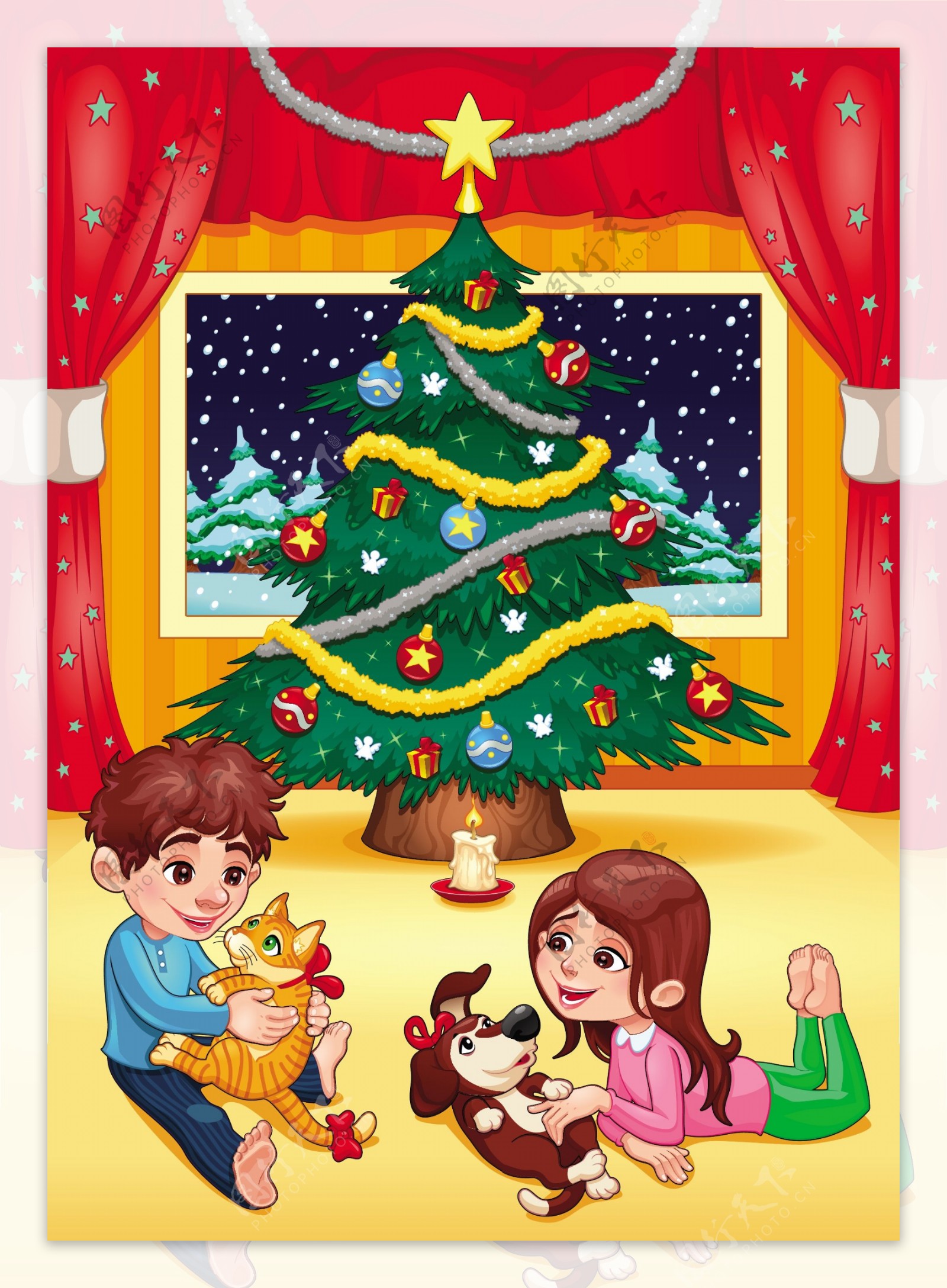 孩子和宠物卡通插画矢量圣诞节场景