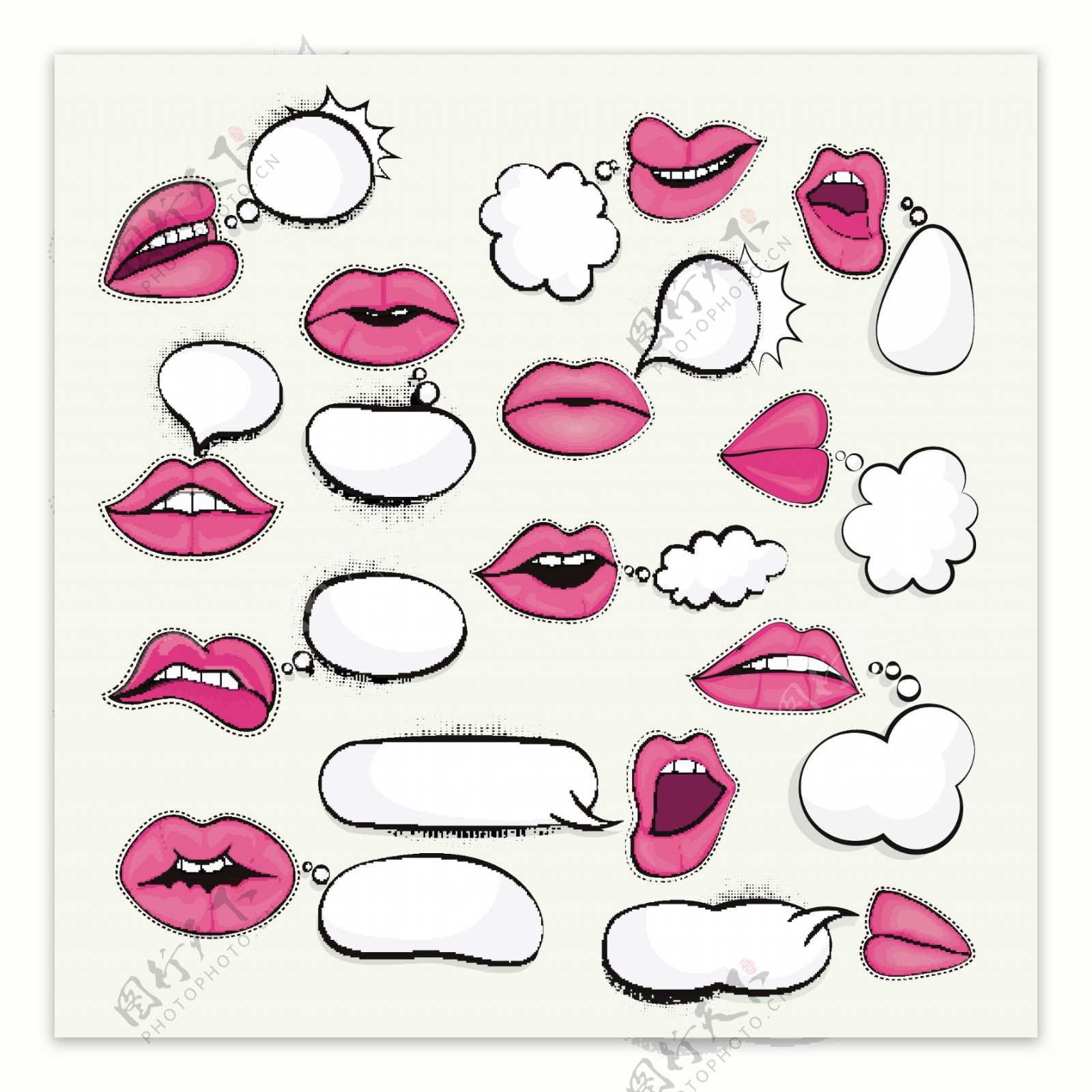 空洞的言语泡沫收集粉红色的嘴唇卡通波普艺术设计