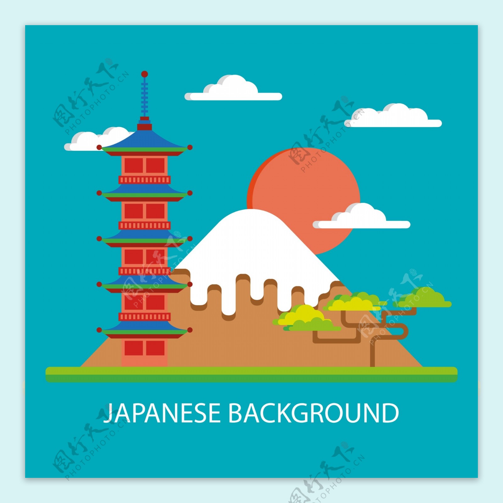 扁平创意日本旅行建筑插画