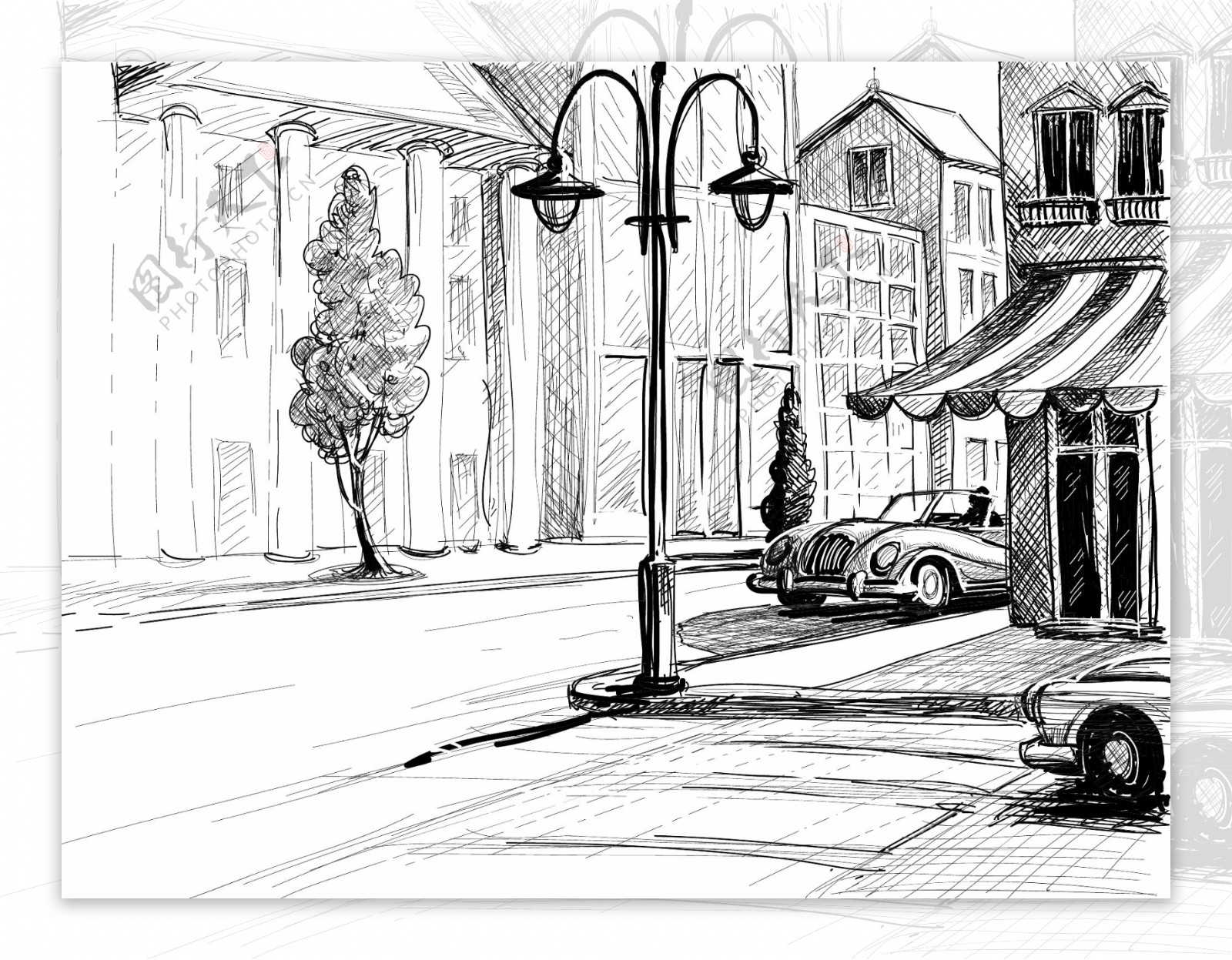 素描城市街角插画