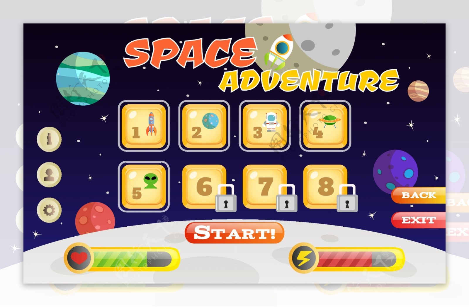 科幻太空冒险游戏用户界面模板矢量图