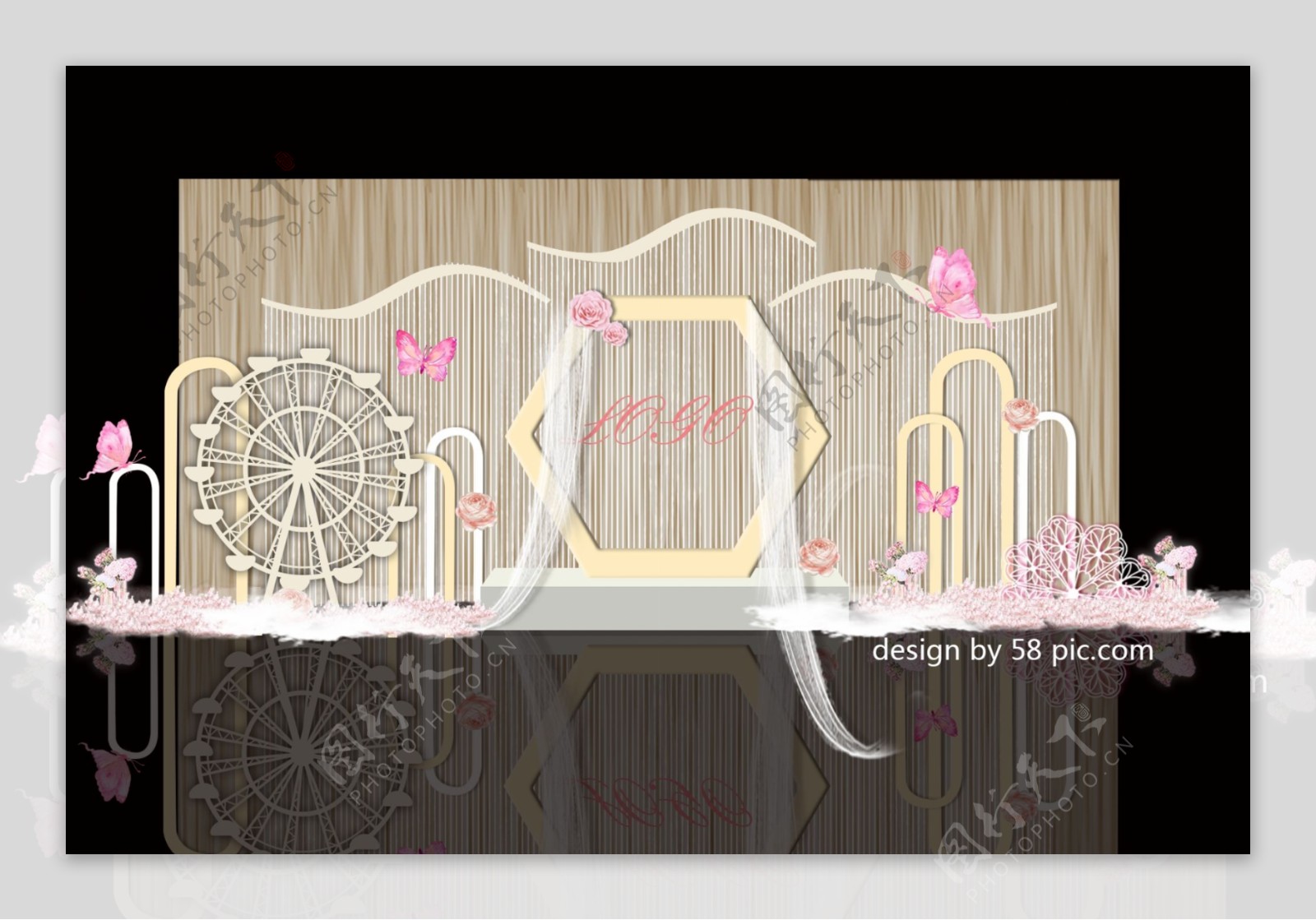 室内设计香槟色婚礼迎宾区六边形拱门psd效果图