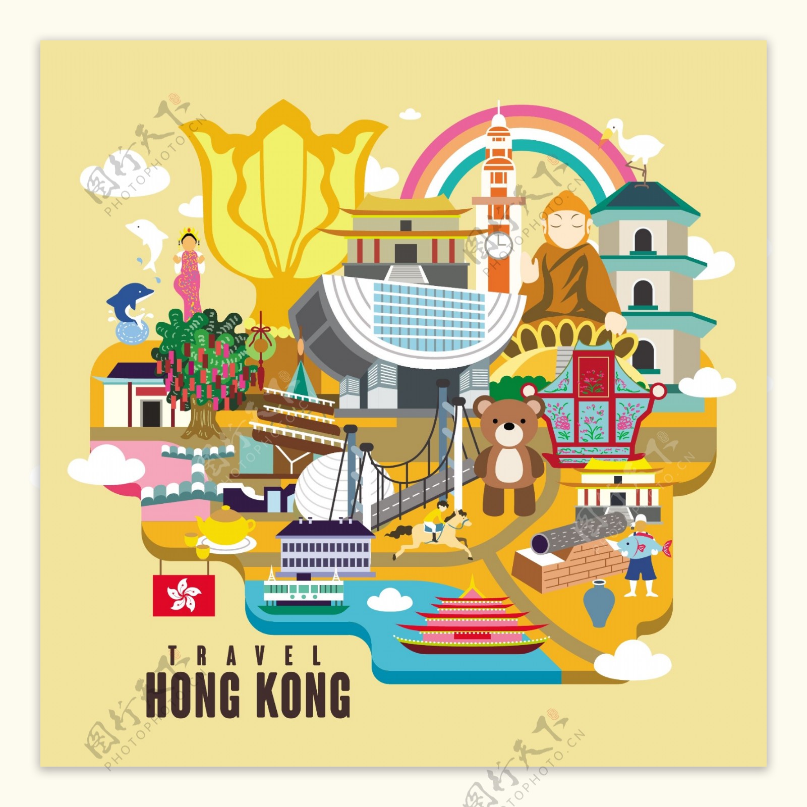 香港旅游文化扁平化矢量素材
