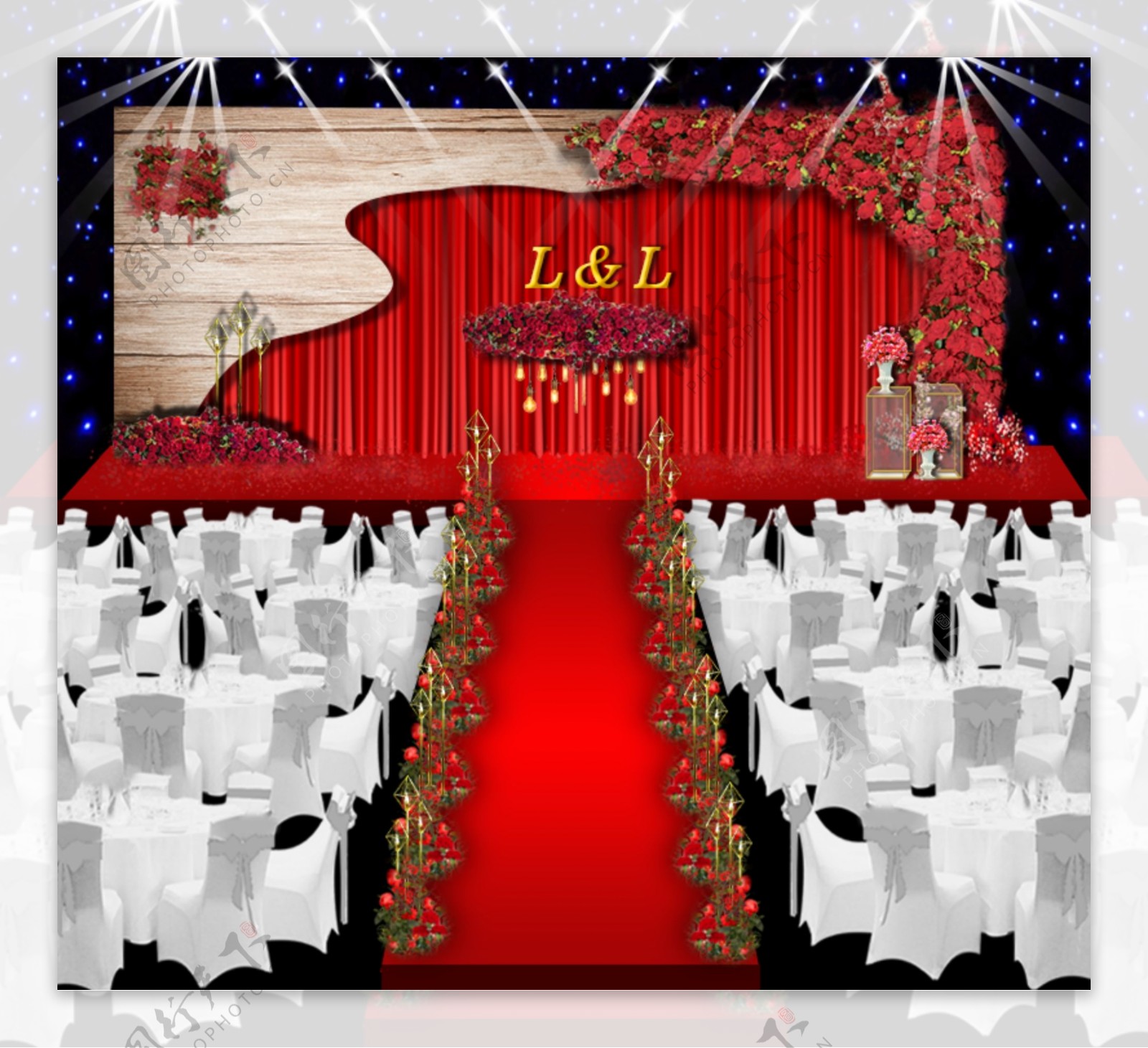 红色花艺婚礼舞台效果图