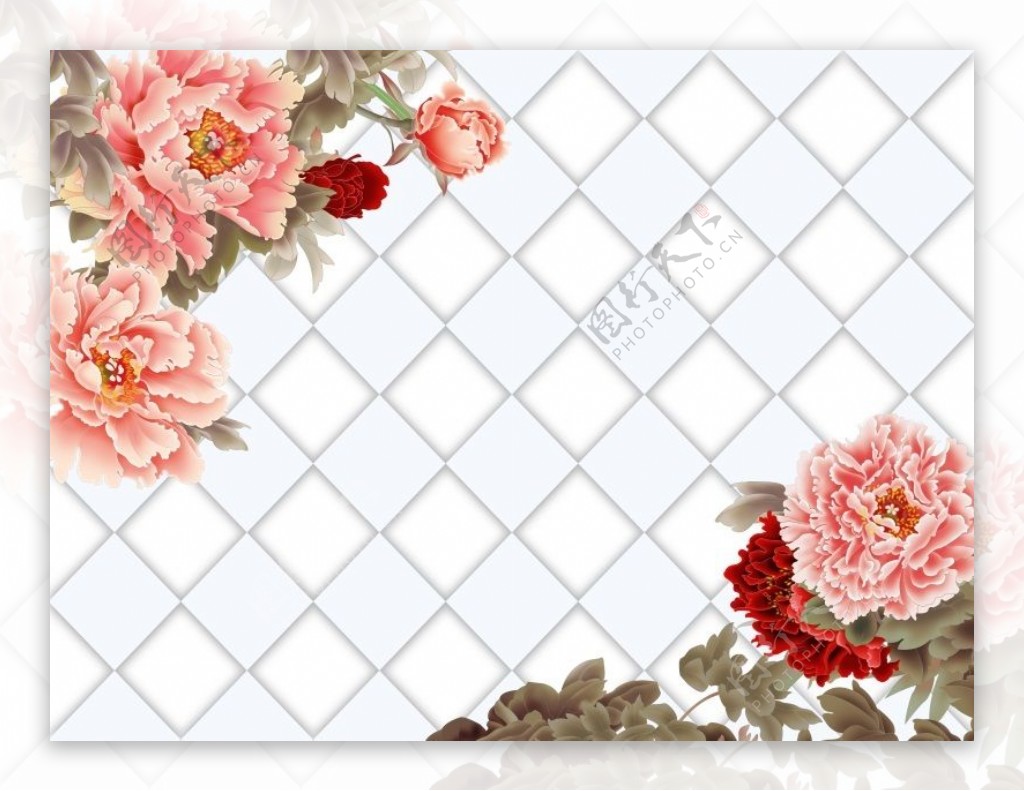 网格瓷砖牡丹花朵背景墙雕