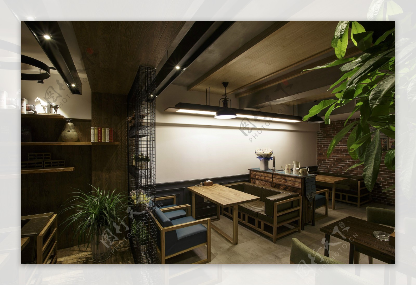 日式森系文雅餐厅木制餐桌工装装修效果图