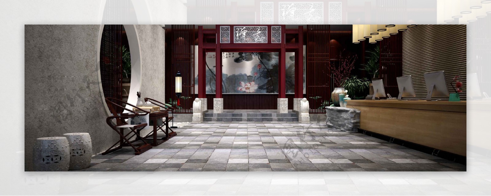 中式典雅酒店大厅大理石地板工装装修效果图