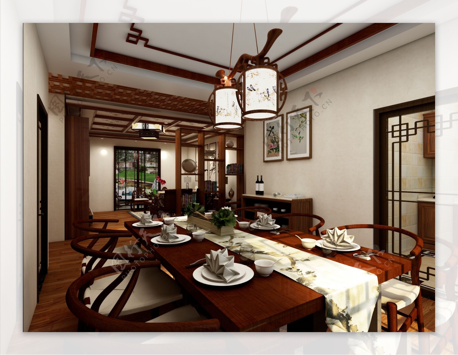 中式实木餐厅吊灯效果图设计