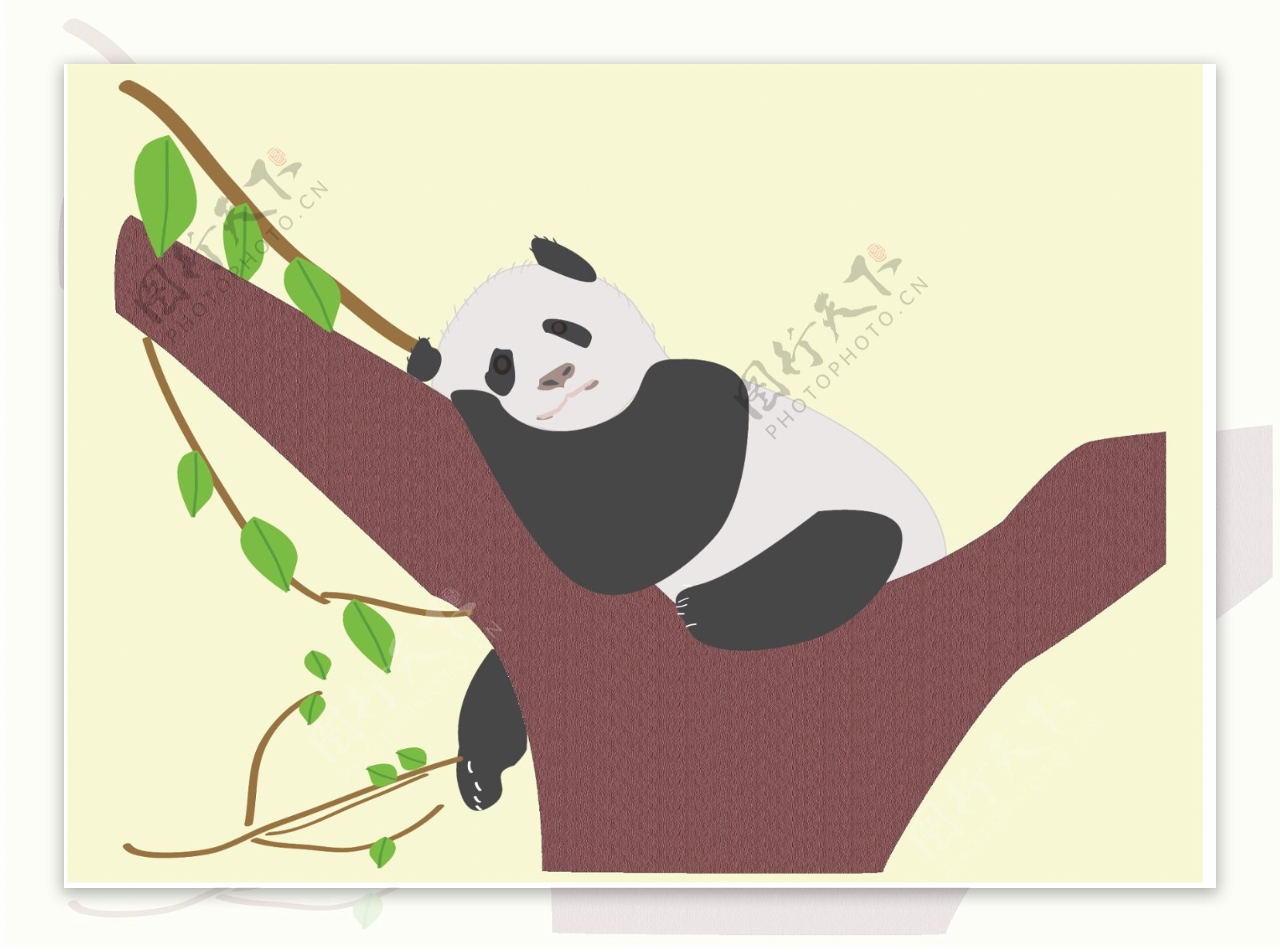 手绘趴在树上大熊猫插画