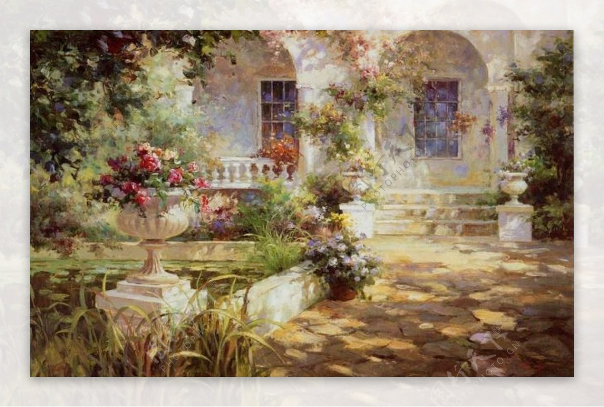 油画欧式园林庭院图片
