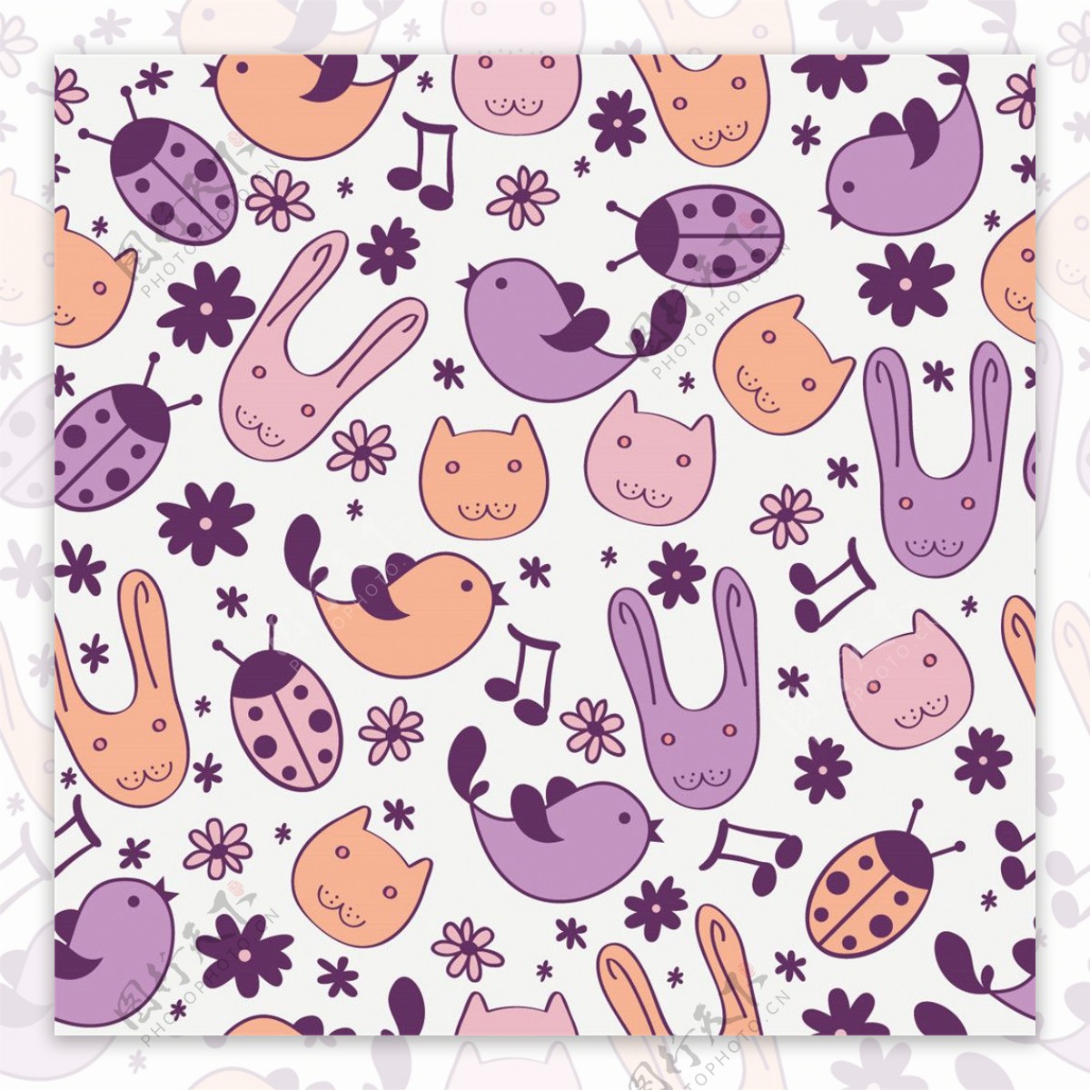 清新手绘紫色调动物壁纸图案装饰设计