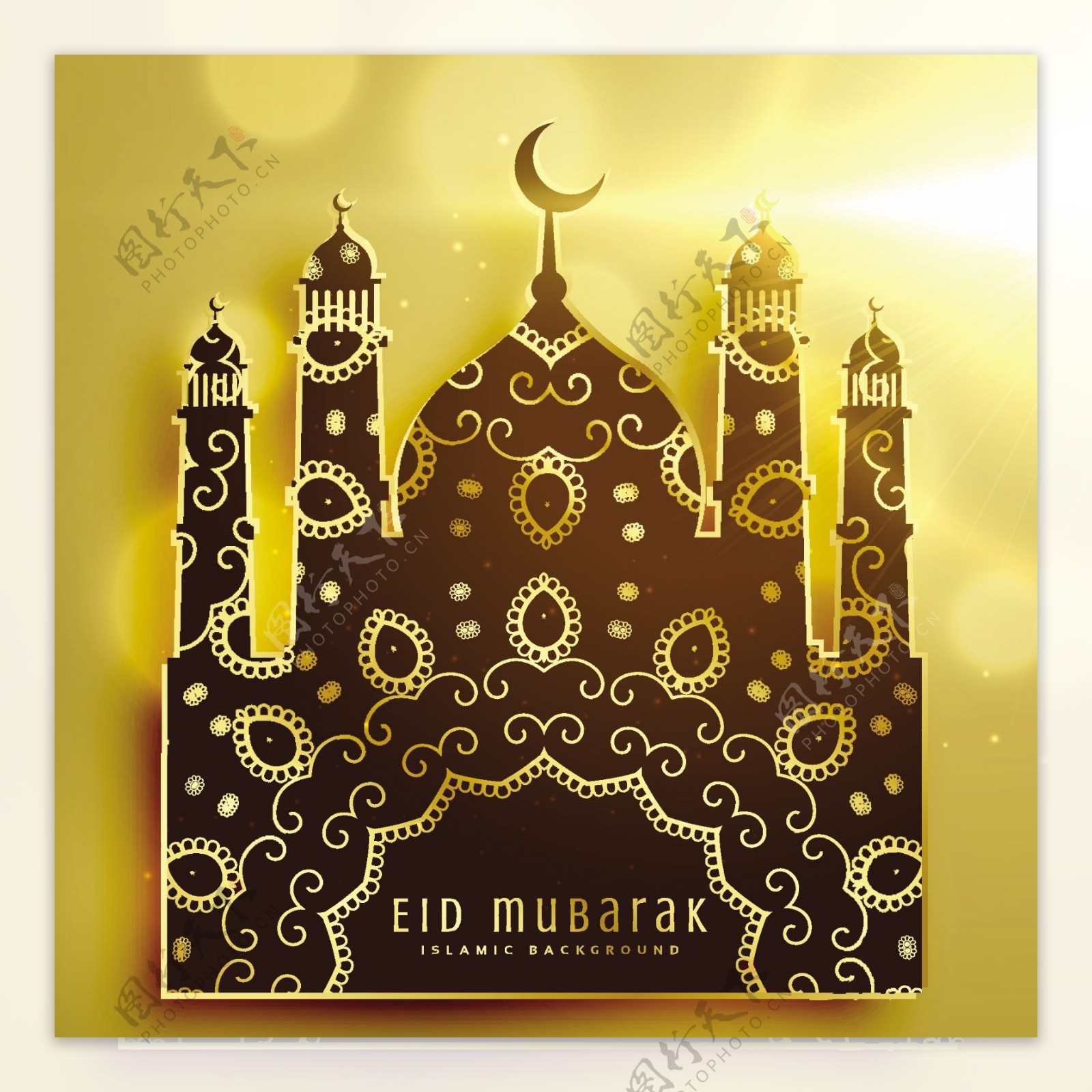 带清真寺的金色开斋节穆巴拉克卡片