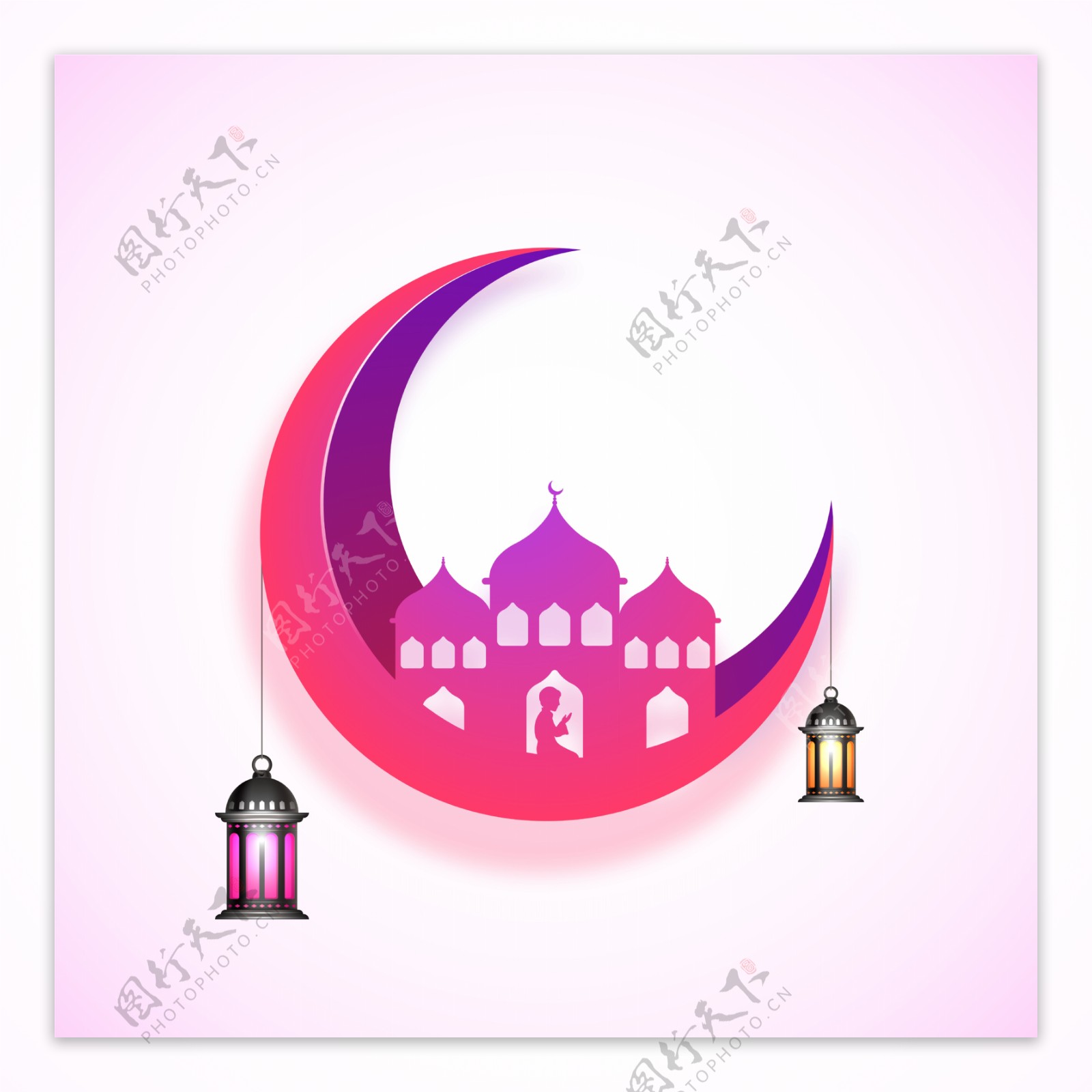 美丽的清真寺和挂着灯笼的3DPinkMoonRamadanKareem的创作背景穆斯林社区节日的概念