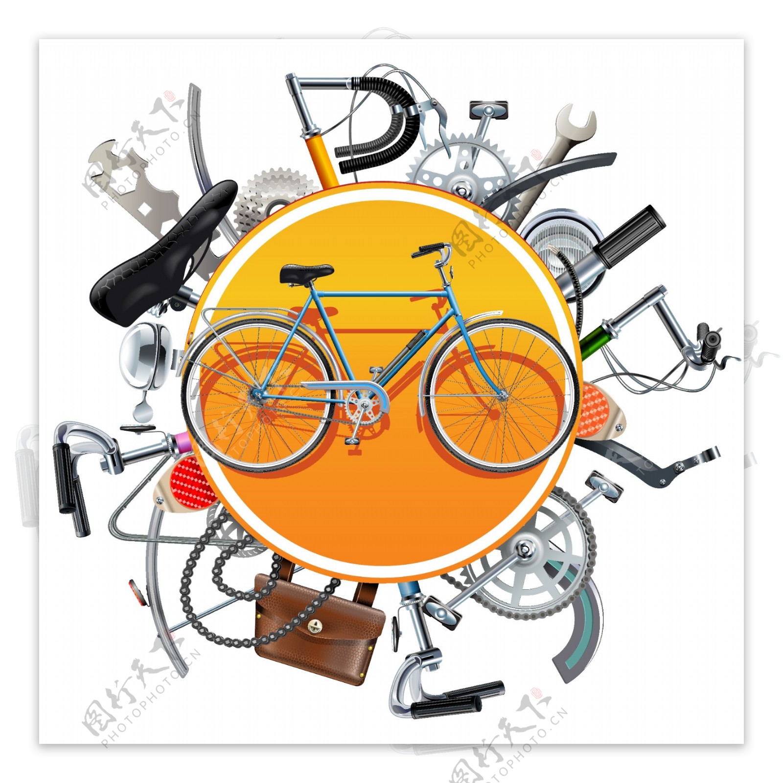 黄色创意圆形自行车修理工具元素